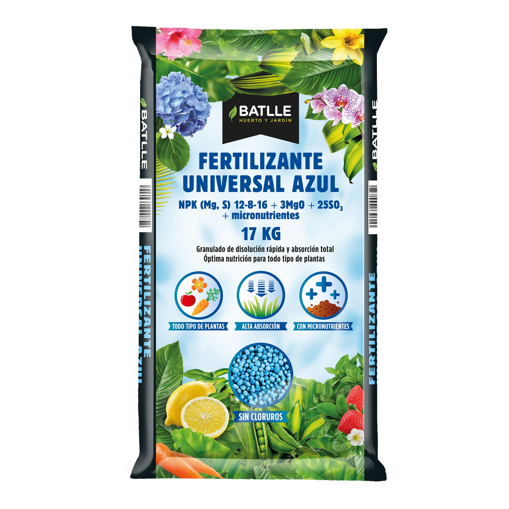 Batlle Fertilizante Universal Azul 15+2 kg– Abono Granulado NPK 10-12-18 + 3MgO con Micronutrientes – Para Huerto, Plantas y Jardín