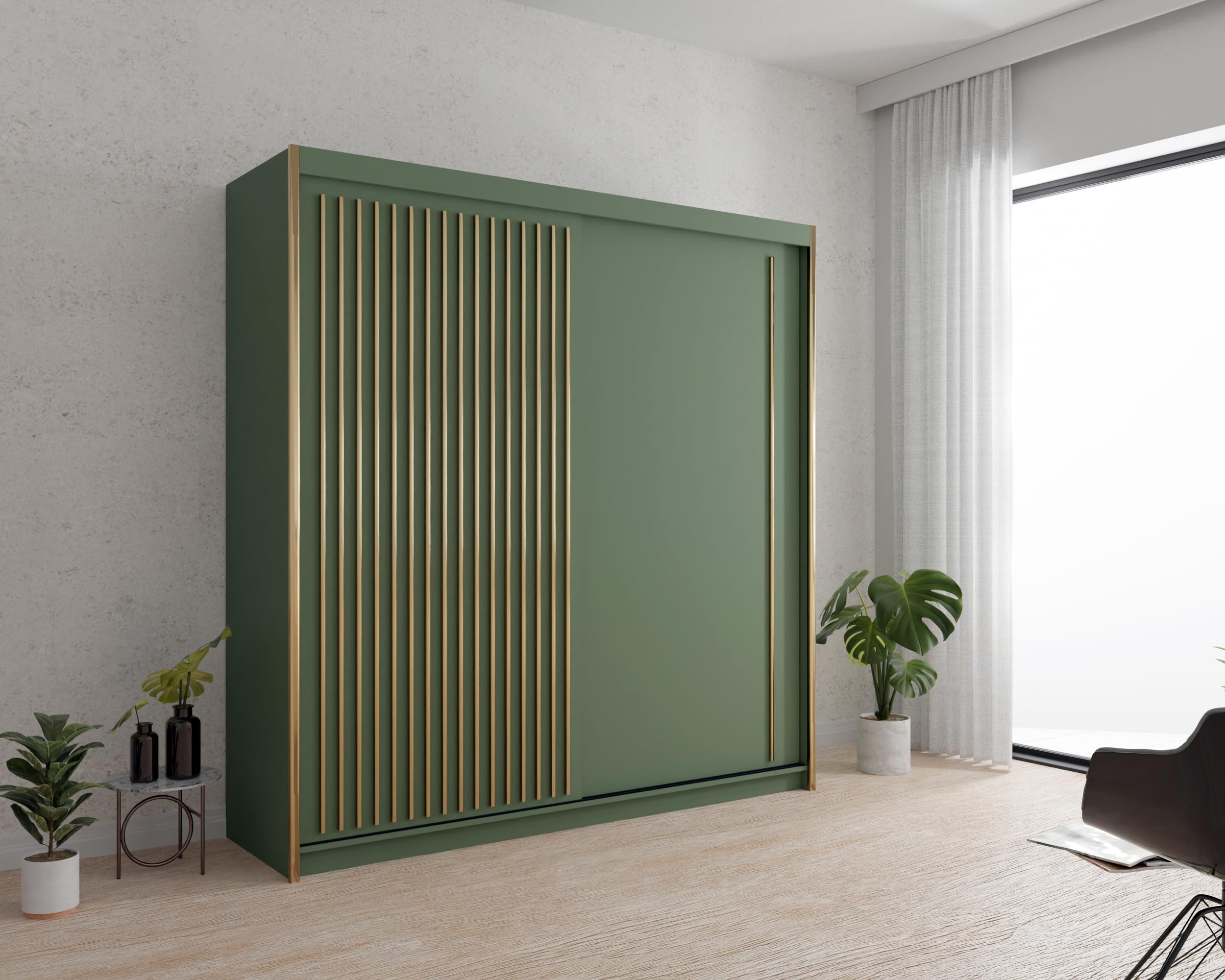 PST Grün Schiebetürenschrank Kleiderschrank 203x216x62 cm - Schlafzimmermöbel, Aufbewahrung – Mehrzweckschrank mit 4 Kleiderstangen