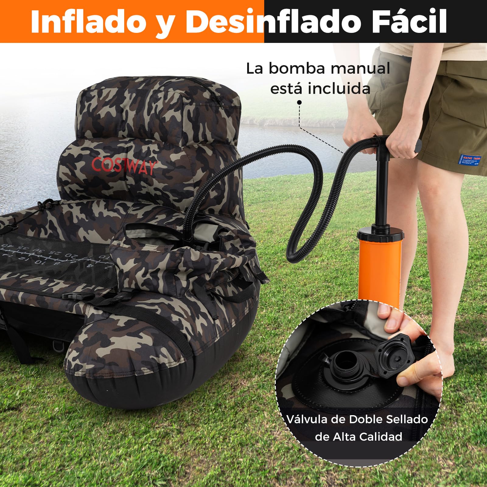 COSTWAY Flotador de Pesca Inflable, Bote Portátil con Remo, Bomba, Aletas, Soporte para Caña de Pescar, Regla para Peces, Almacenamiento, Capacidad 150 kg, Ideal para Adultos en Lagos y Ríos