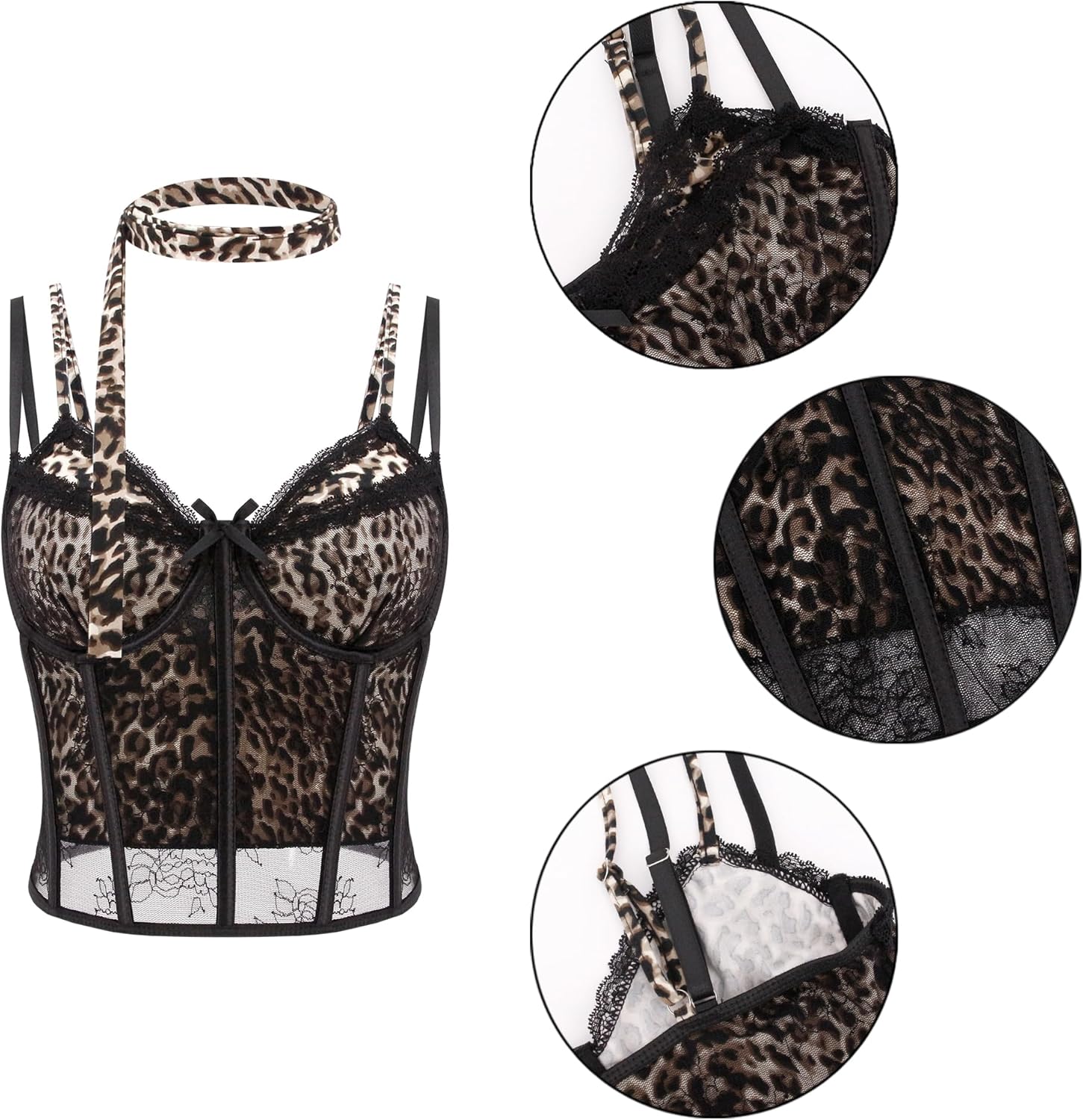 Haoohu Women's Y2K Lace Leopard Print Spaghetti Strap Crop Top Rave Club Going Out Camisole Tops - Image 7