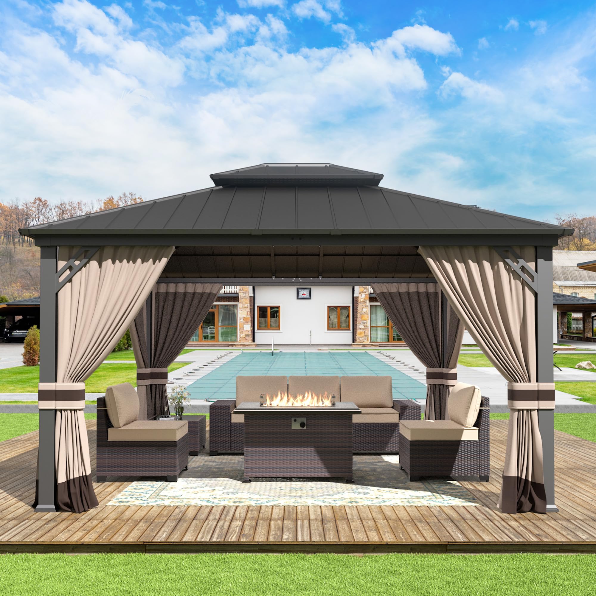Gotland 12' x 14' Outdoor Gazebo, Hardtop Gazebo with Curtains and Netting, Outdoor Pavilion with Iron Double Roof, Permanent Metal Pergola for Garden