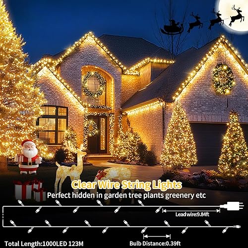 Miniatura 66 de Luces de Navidad de 200 pies con 500 luces LED para exteriores, tira de luces extralargas, cable transparente, impermeable, 8 modos de temporizador