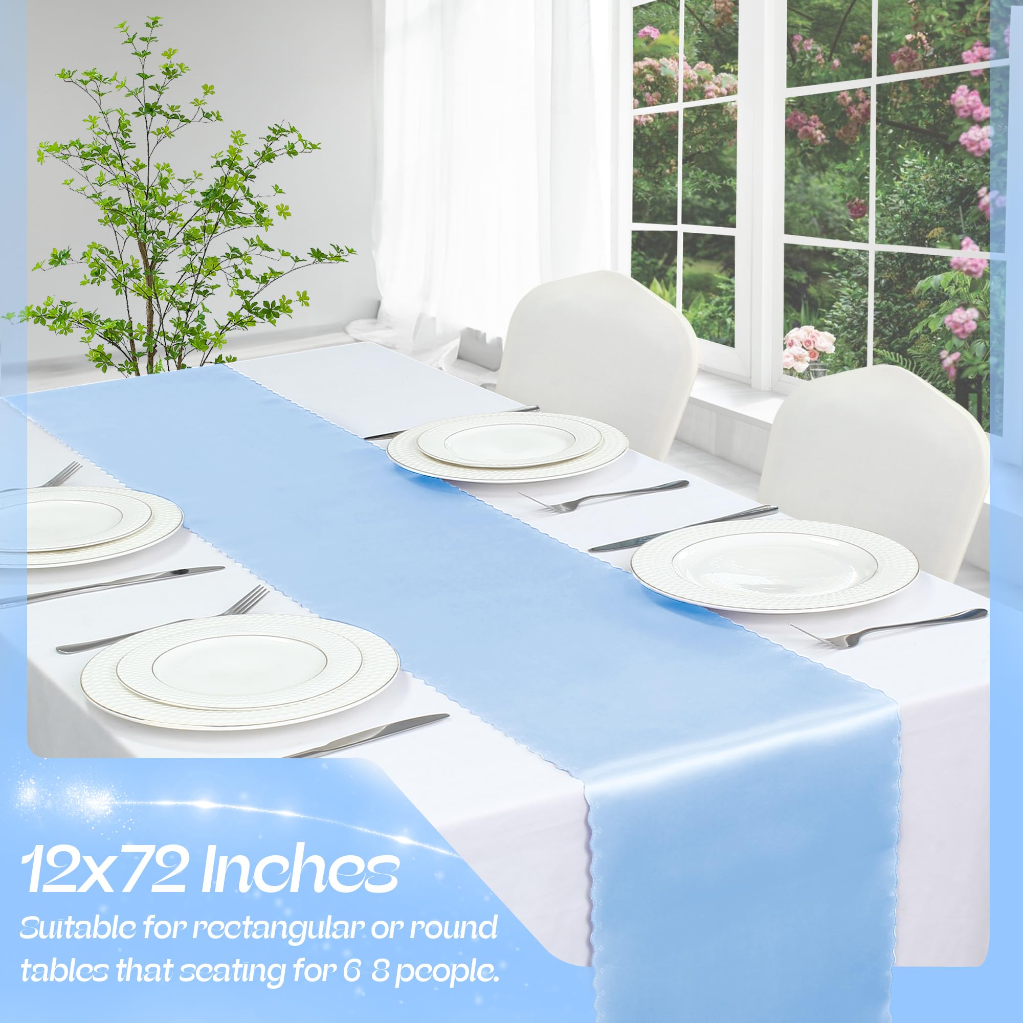 VACVELT Paquete de 6 caminos de mesa de satén de 12 x 72 pulgadas de largo, color azul claro, caminos de mesa de boda, caminos de mesa suaves y brillantes para fiestas de cumpleaños, banquetes,