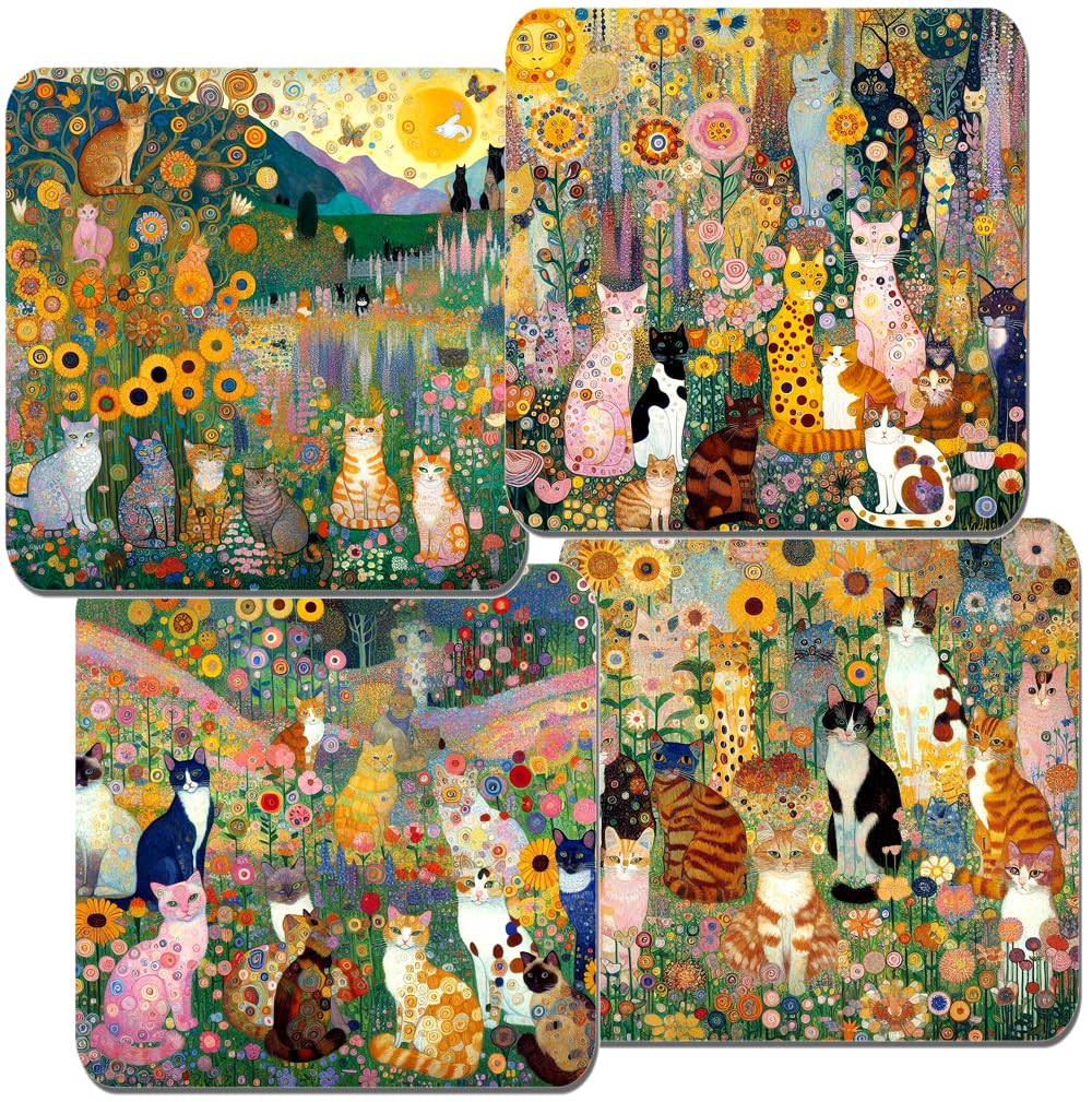 Gustav Klimt Style Cats in a Wildflower Garden Coaster Set Of 4. Cork Backed