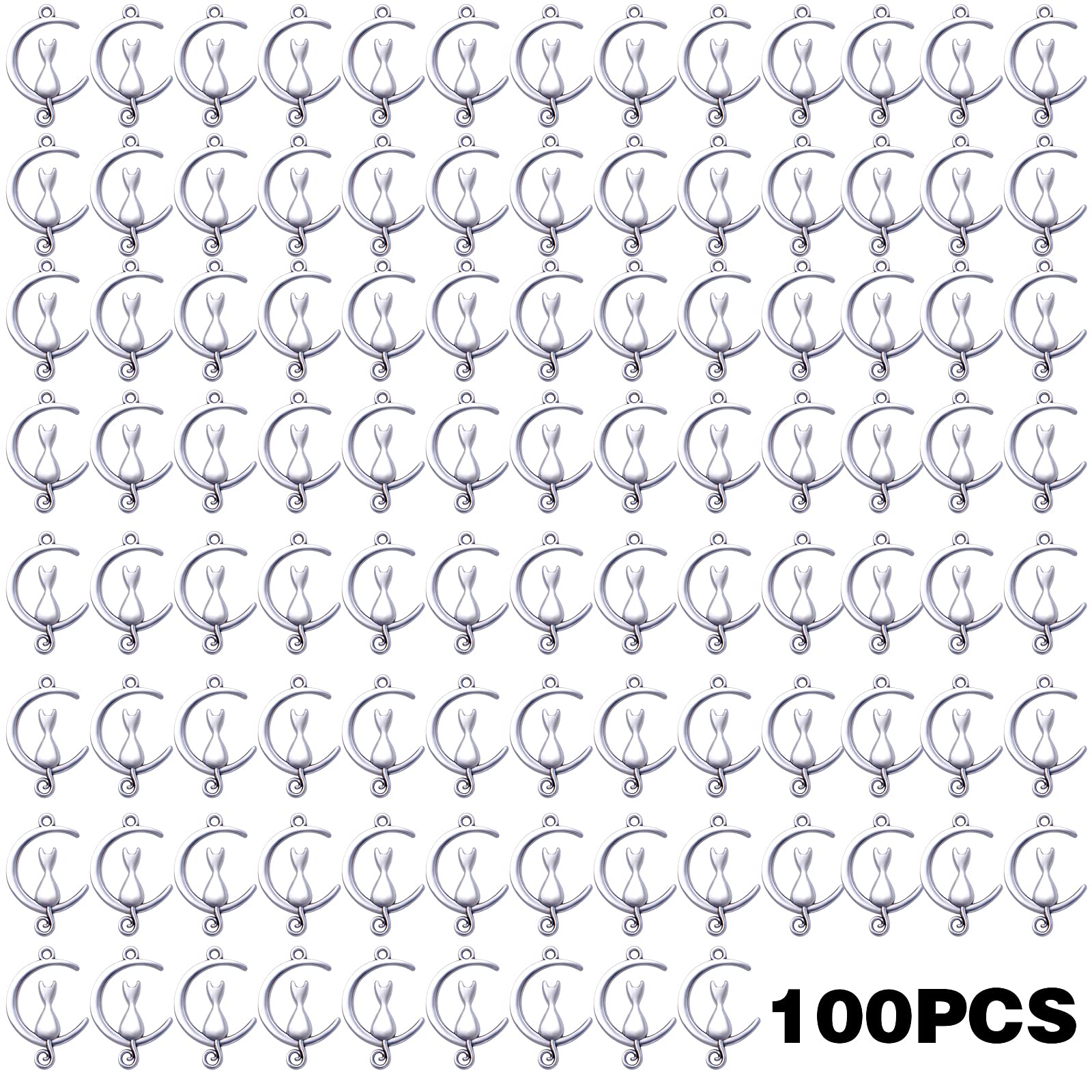 100pcs Antique Silver Cat in The Moon Charms Alloy Celestial Pendants Craft Supplies for DIY Earrings Necklace Bracelet Jewelry Making Christmas Birthday Party Gifts, 21 mm x 14 mm