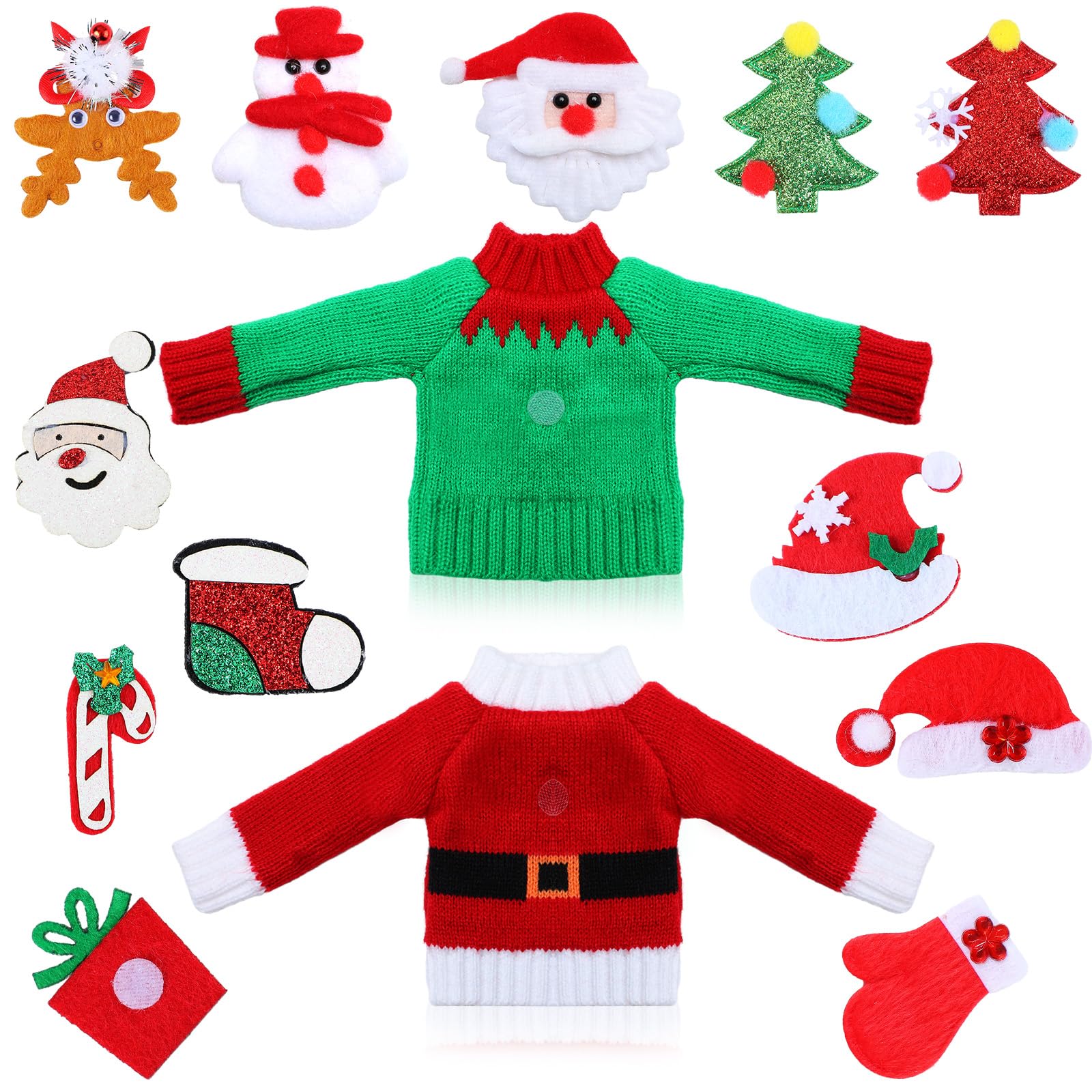Poen 14 Pieces Christmas Elf Doll Clothing Accessories Include Sweater Attachable Santa Decals Christmas Doll Outfit Clothes for Xmas Holiday Decorations