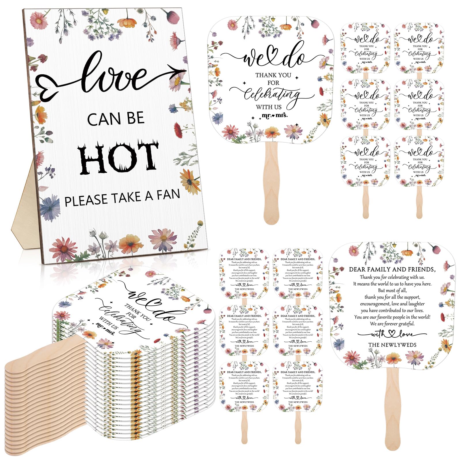 Fumete Hochzeitsfächer für Gäste, 50 Stück Hochzeitsfächer und 1 Stück Hochzeitstischschild, tragbarer Papierfächer mit Holzgriff, Handfächer für Hochzeit, Brautparty, Party, Gastgeschenk
