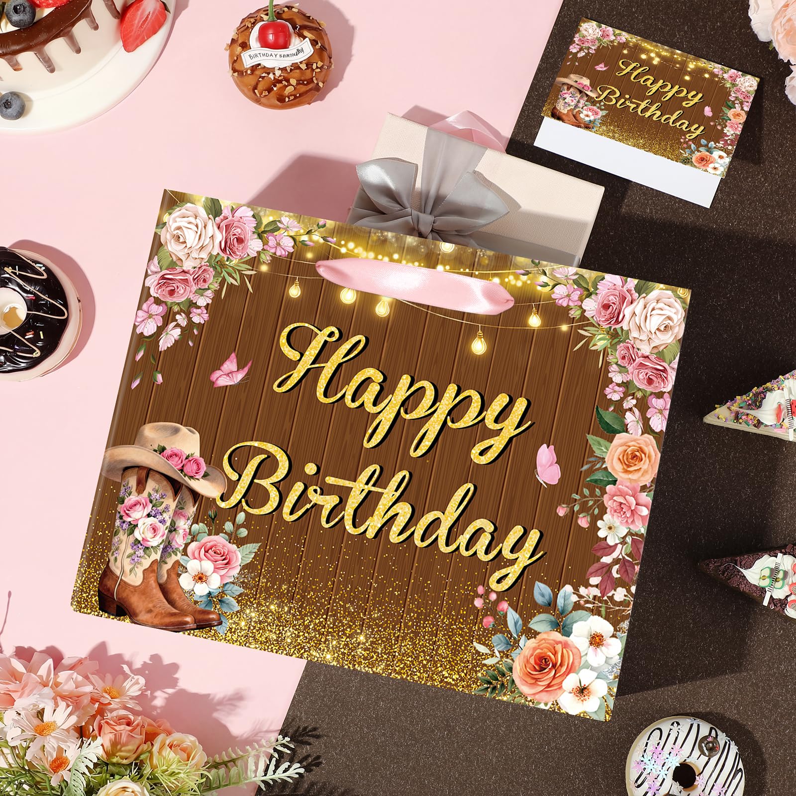 LUUFILx Cowgirl Birthday Gift Bag with Tissue Paper and Greeting Card Rustic Western Floral Gift Bag with Pink Roses & Cowgirl Boots Large Wood Design Paper Wrap Bag for Women Girls Party Supplies