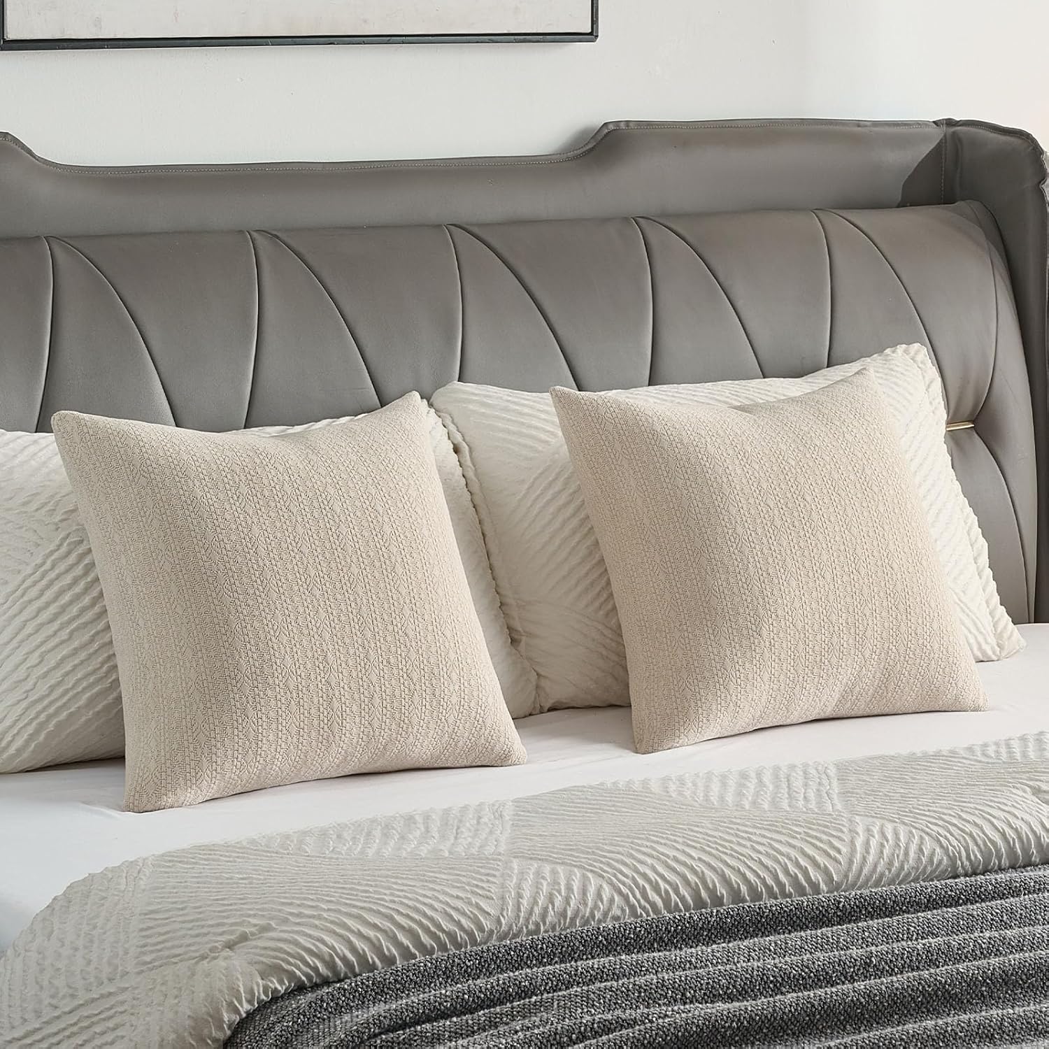 FUTEI Beige Chenille Throw Pillow Covers 12x20 Inch Set of 2,Soft Striped & Diamond Textured Lumbar Pillow Cases,Modern Home Decor for Couch Living Room