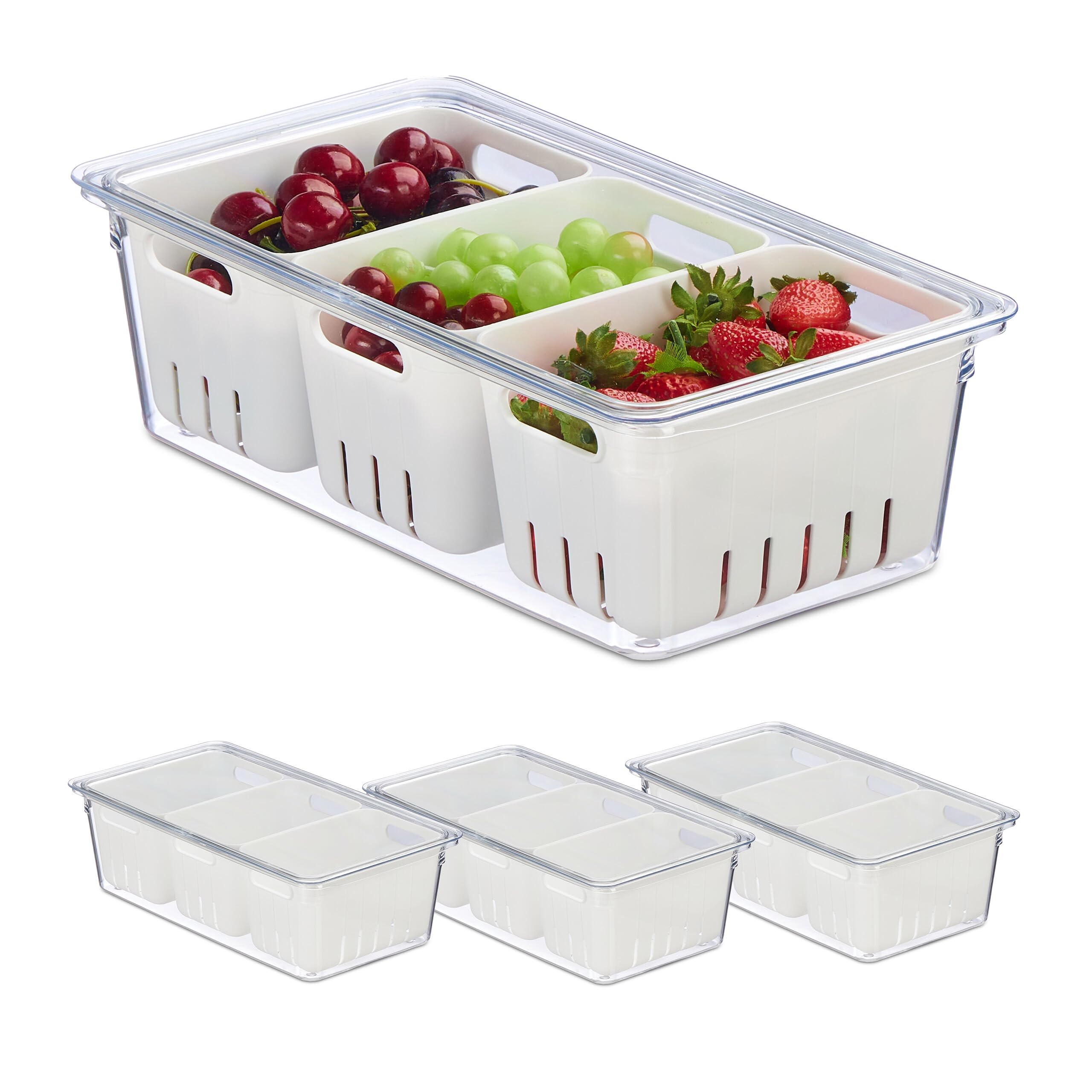Relaxdays Organizador Nevera, Set 4, Apilable, 3 Cestas Escurridoras, Almacenaje Alimentos con Tapa, Transparente/Blanco