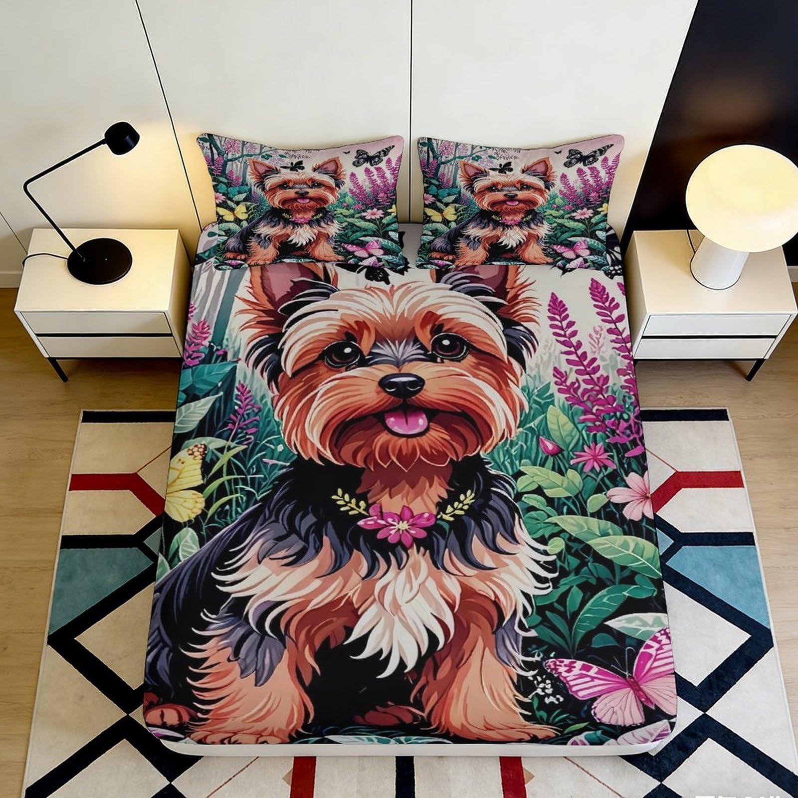 Pnayamiorkfel Style-5 3D Printed Yorkshire Terrier Fitted Sheet Microfiber Soft Breathable Butterfly Bed Cover For Bedroom Guest Room Decor 90X200x25cm
