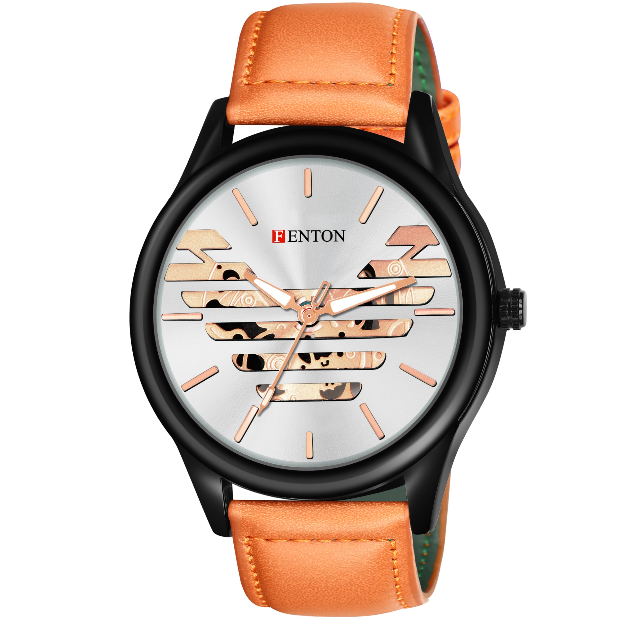 FENTONAnalogue Watch, Black Case, White Dial with Rose Gold Accents