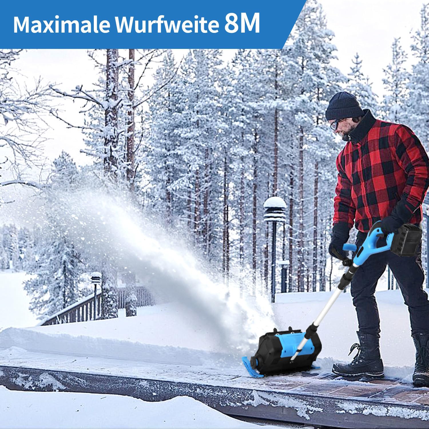 Akku-Schneefräse, 21V/1000W Elektrische Schneefräse mit 2×4500mAh Akkus & Ladegerät, 25cm Arbeitsbreite, 8m Wurfweite, Bürstenloser Motor, Leicht (3.6kg) für Gehweg & Terrasse