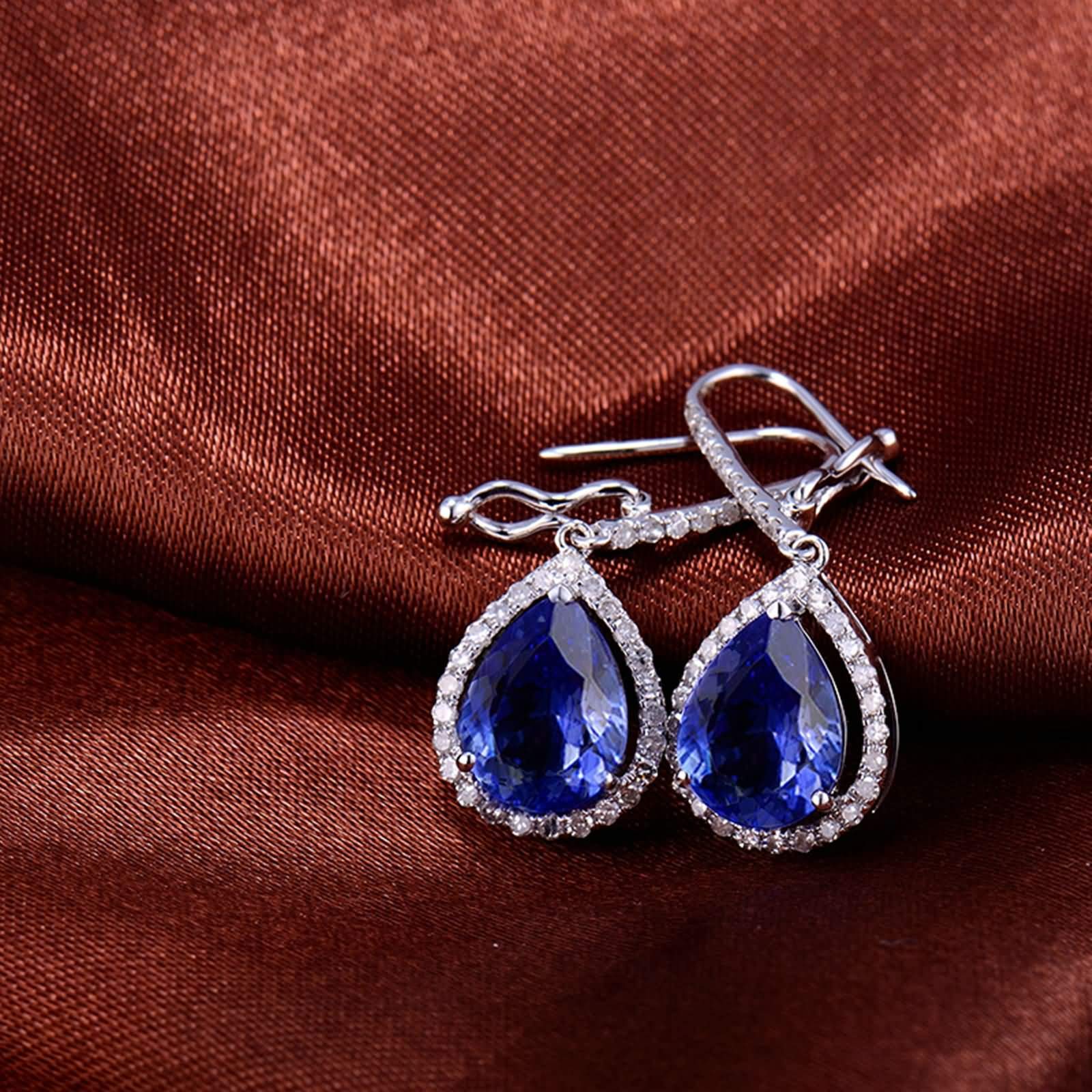Epinki Weißgold 14K Ohrringe Silber Hängend, Anhänger Ohrstecker mit Tansanit 3.07ct Blau, Geschenk für Valentinstag, Weiß Gold Blau