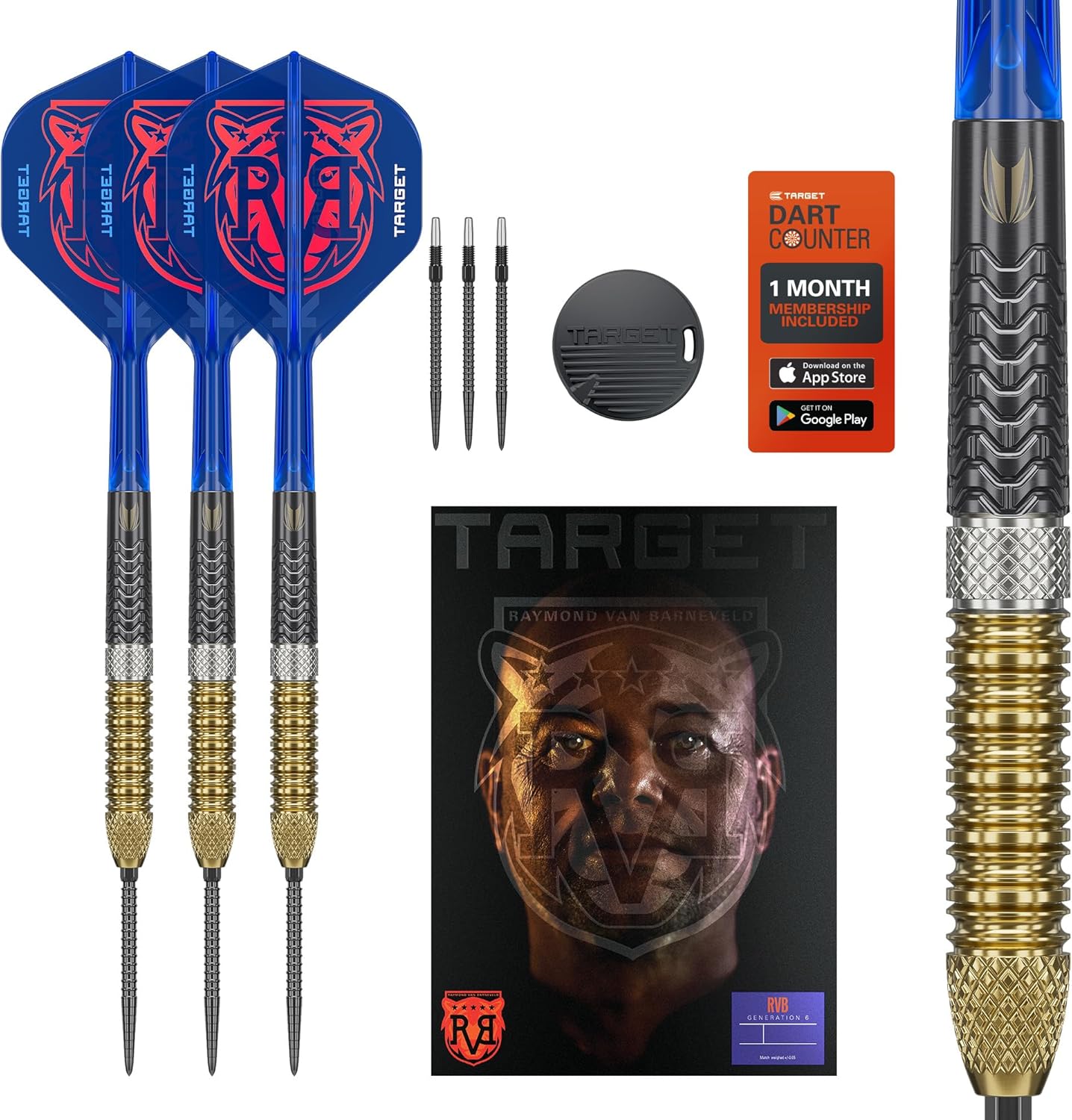 Target Darts Raymond Van Barneveld Steel Tip Generation 6 Dart Set, 21G/23G/25G | 95% Tungsten Darts, K-Flex No.2 Flights & Shafts, Swiss Chrono Points Black & SP Tool Included | Player Edition