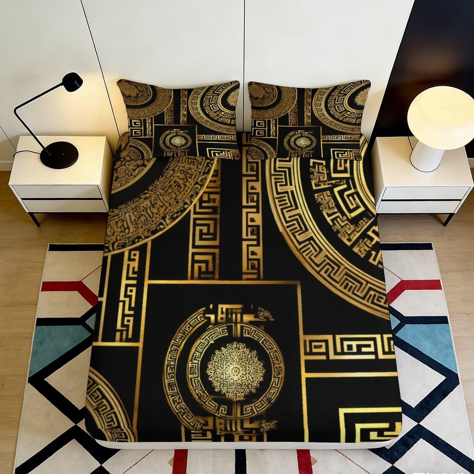 Pnayamiorkfel Style-9 3D Printed Geometric Gold Fitted Sheet Microfiber Soft Decorative Mandala Bed Cover For Bedroom Guest Room Mattress Protection 90X200x25cm