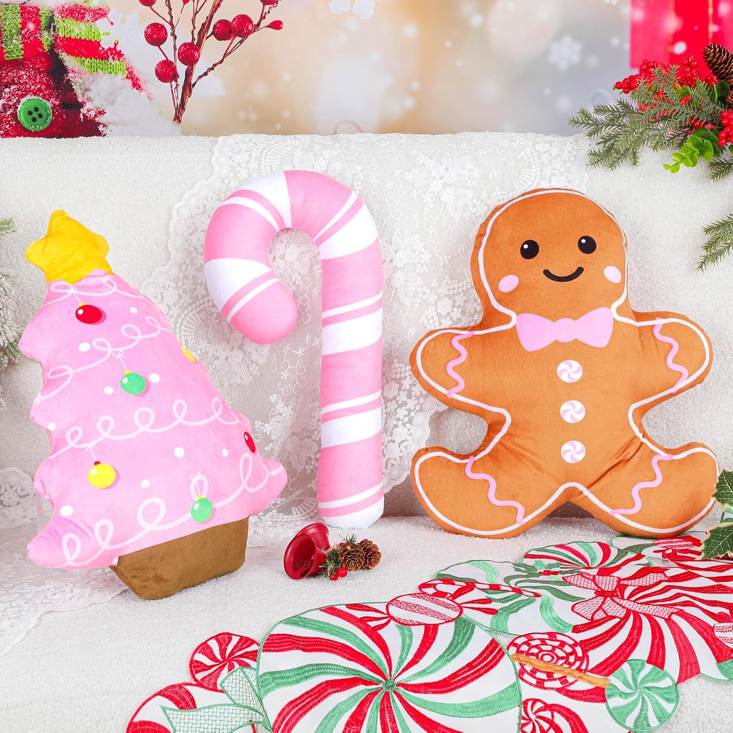 3 Pcs Christmas Gingerbread Pillows, Pink Gingerbread Man Candy Cane Christmas Tree Pillow Cute Soft Xmas Decorative Pillow for Couch Living Room Bed Pink Christmas