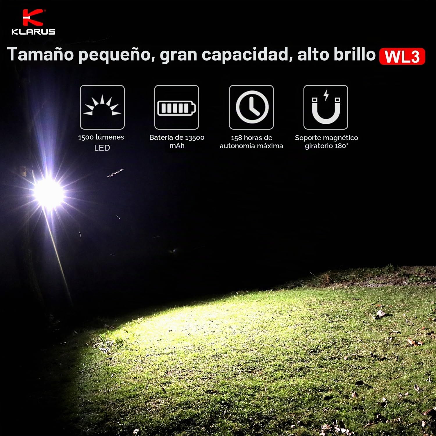 KLARUS WL3 Linterna de Trabajo de 1500 lm , Luz de camping, luz de trabajo recargable de 13500 mAh, linterna de camping con 6 modos&5 colores, base magnética, gancho, lámpara de inspección IPX5
