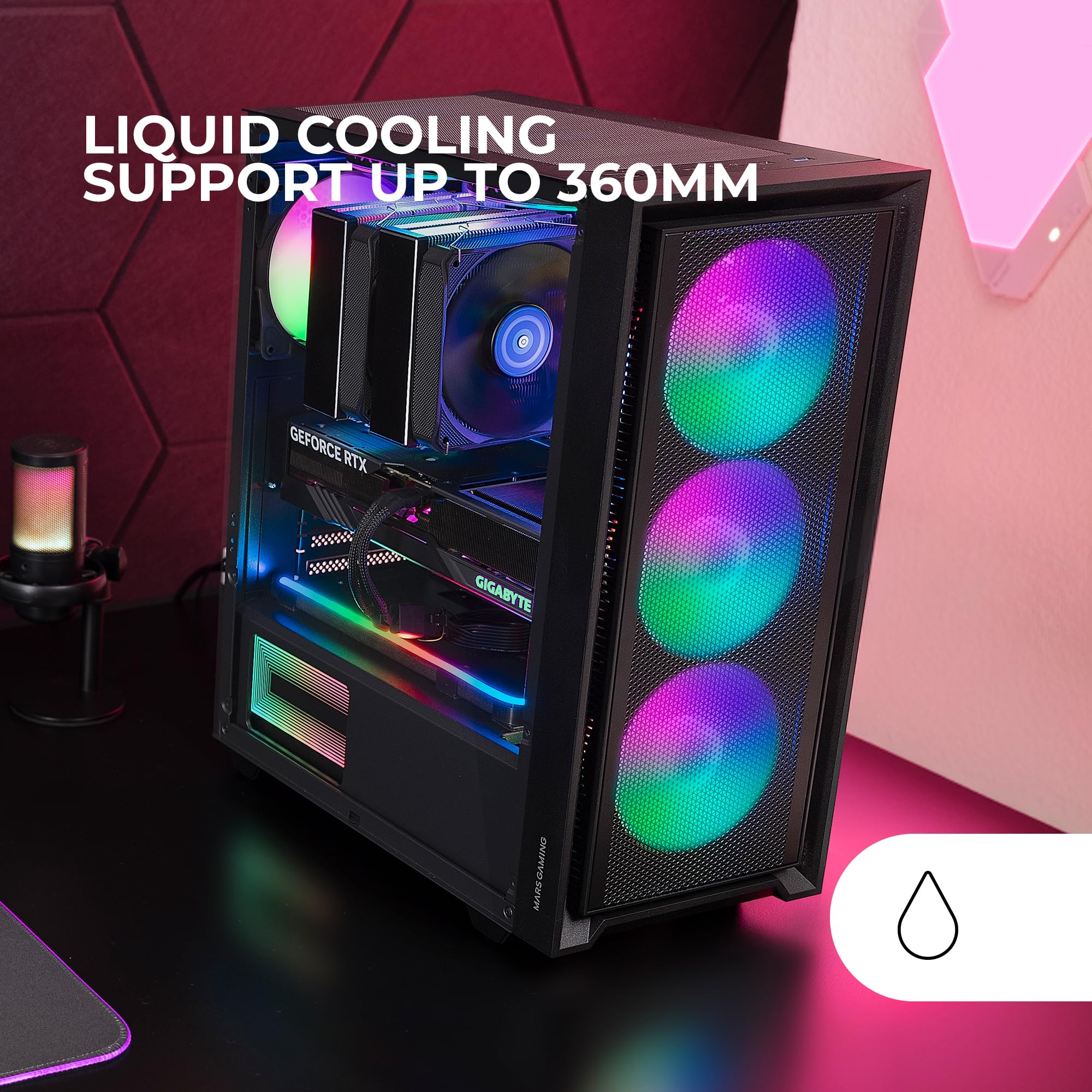 MARSGAMING MC-AIR, Case Gaming ATX, 4x Ventole FRGB Rainbow 120mm, Pannello Frontale Mesh, Finestra Laterale in Vetro Temperato, Semitorre PC Doppia Camera, Supporto Raffreddamento a Liquido, Nero