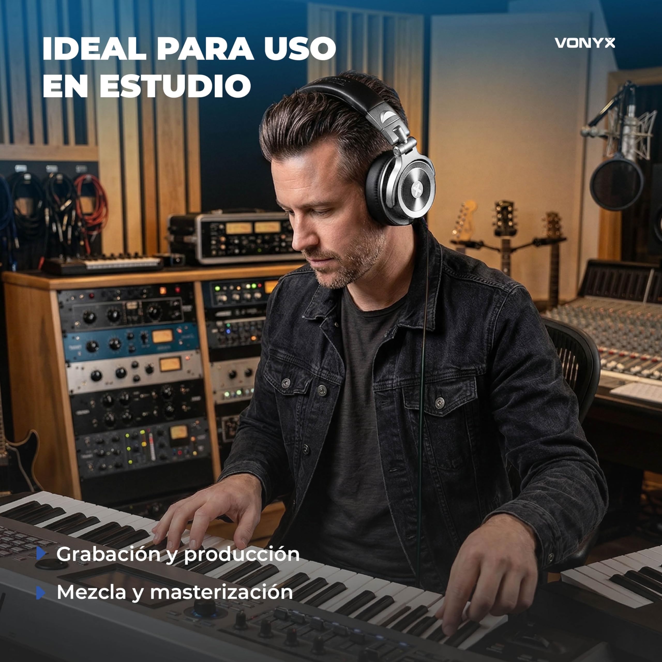 Vonyx HDX200SL – Auriculares DJ Premium con Drivers 50 mm, Jack 3,5 y 6,3 mm, Cable Reversible, diseño Plegable y Bolsa Transporte para música y Estudio Profesional, Color Aluminio