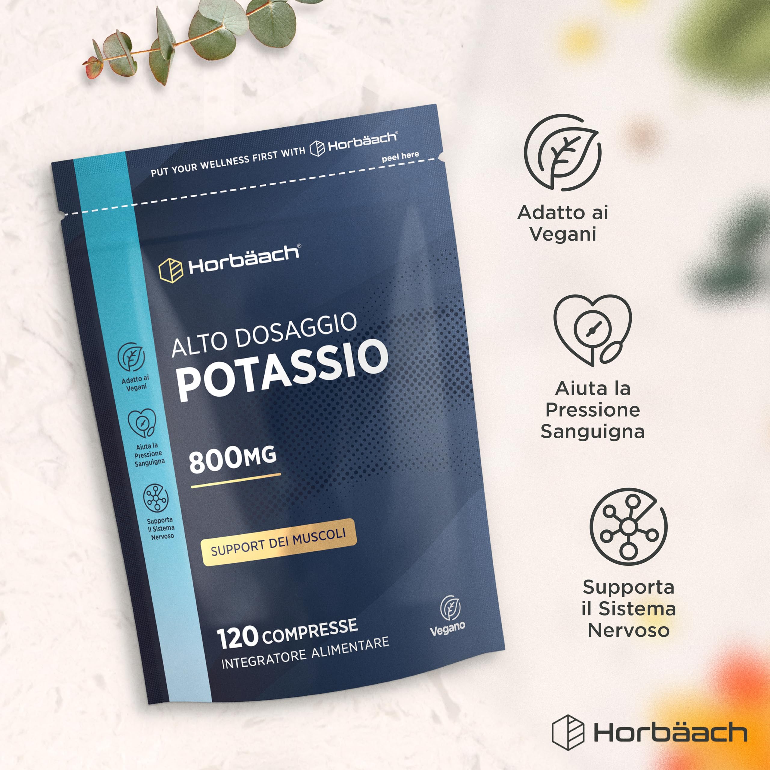 Potassio Integratore 800mg | 120 Compresse Vegane | ad Alto Dosaggio | Potassium | Horbaach