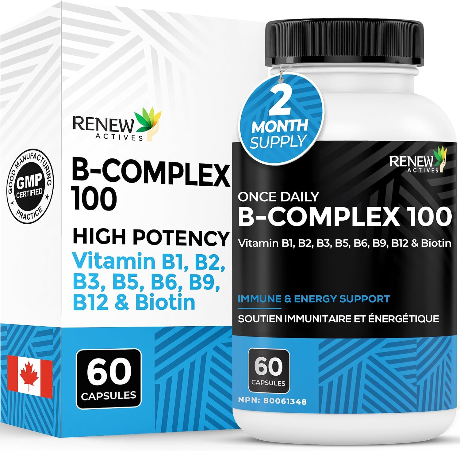 RENEW ACTIVES Vitamin B Complex 100 – Daily B1, B2, B3, B5, B6 & B12 600MCG per Serving for Energy, Red Blood Cell Formation, Liver Function & Metabolism – Made in Canada - 60 Capsules