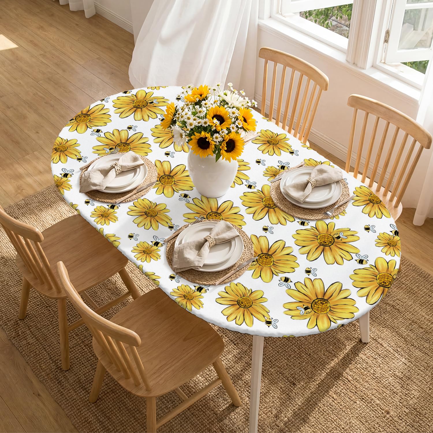 Photo 1 of Horaldaily Summer Fitted Tablecloth Fit for 64 x 44 Inch Oval, Yellow Flowers Blossom White Washable Table Cover Elastic Edged for Dinning, Picnic, Camping, Banquet