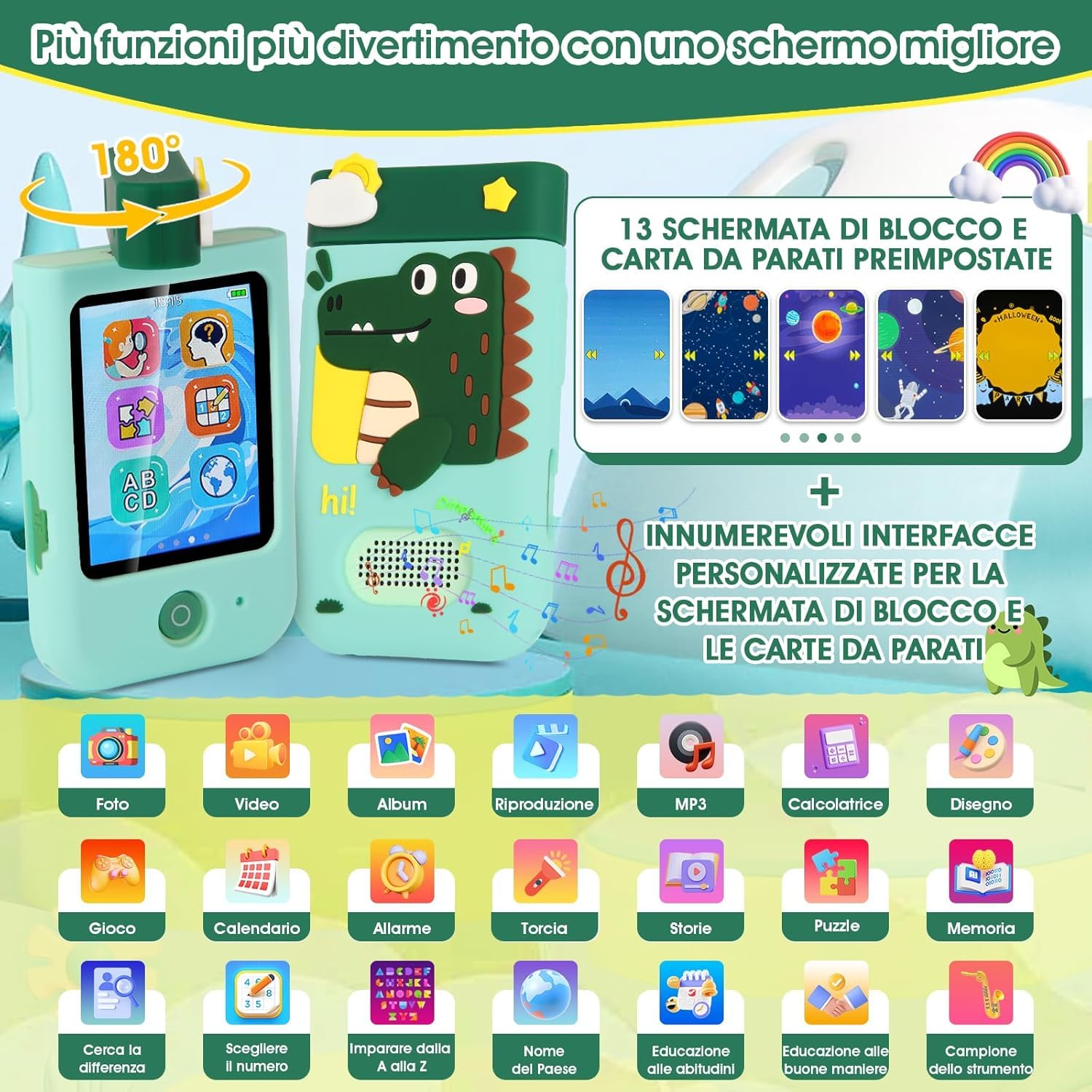 Macchina Fotografica Bambini, 180° Obiettivo,Video 1080P con Custodia Silicone, fotocamera per bambini per 3 4 5 6 7 8 anni, ragazze, ragazzi, regalo di Natale e compleanno per bambini, A200