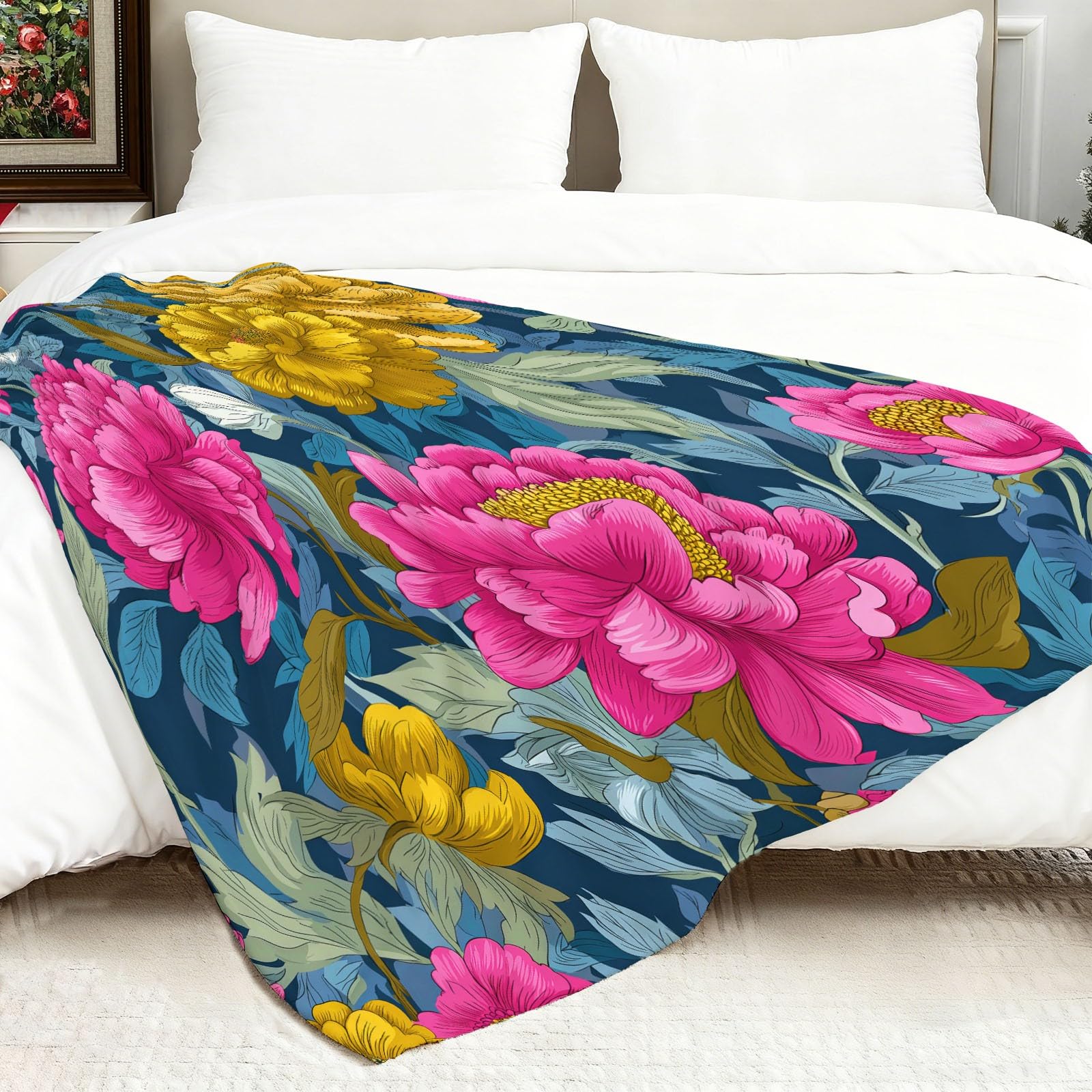 Style Rétro Couverture Flanelle Fleurs Dessinées À La Main 180 x 200 cm Douce Moelleuse Flanelle Couverture de Lit, Vert Foncé Plaid Polaire Jeté de Canapé Convient Adultes et Enfants Chaud en Hiver