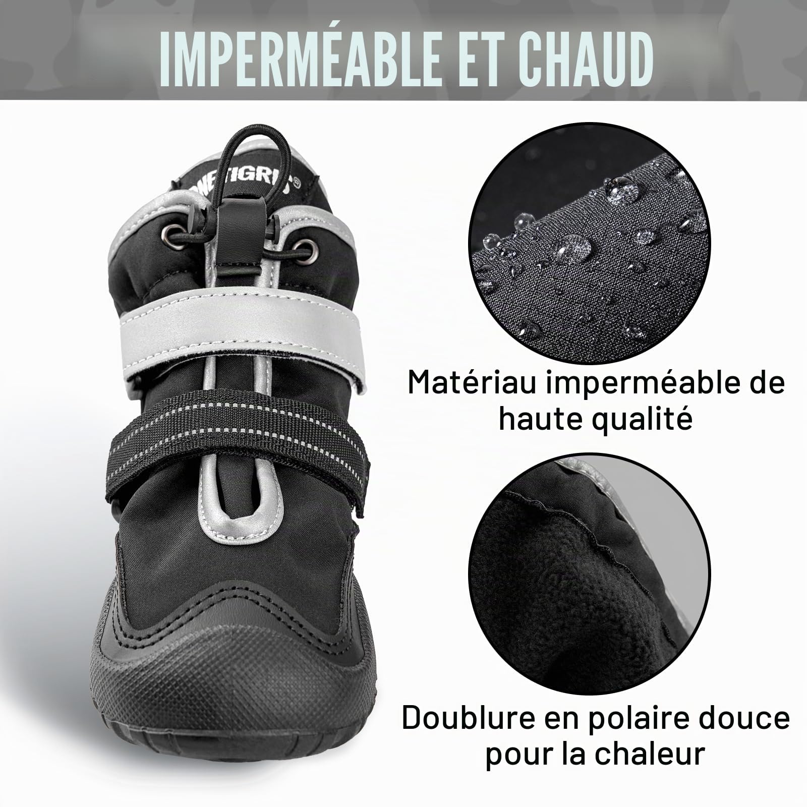 OneTigris Pathfinder Lot de 4 chaussures antidérapantes pour chien - Protection des pattes - Imperméables - Chaudes - Réglables - Avec fermeture Velcro réfléchissante - Pour chiens de taille moyenne