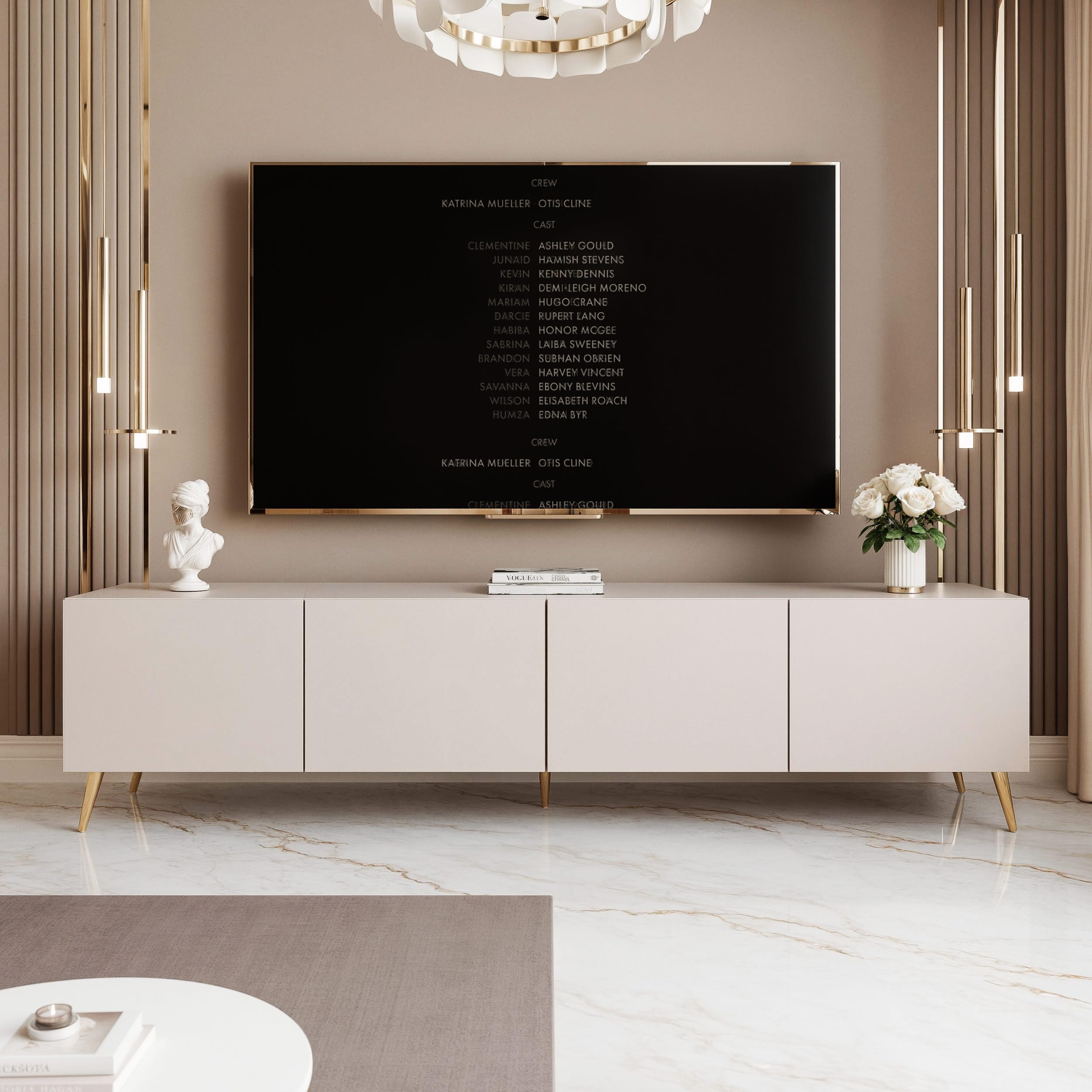 100/200/300 cm LED Meuble TV Cachemire avec Rangement et LED - Meuble TV Mural avec 4 Compartiments Spacieux
