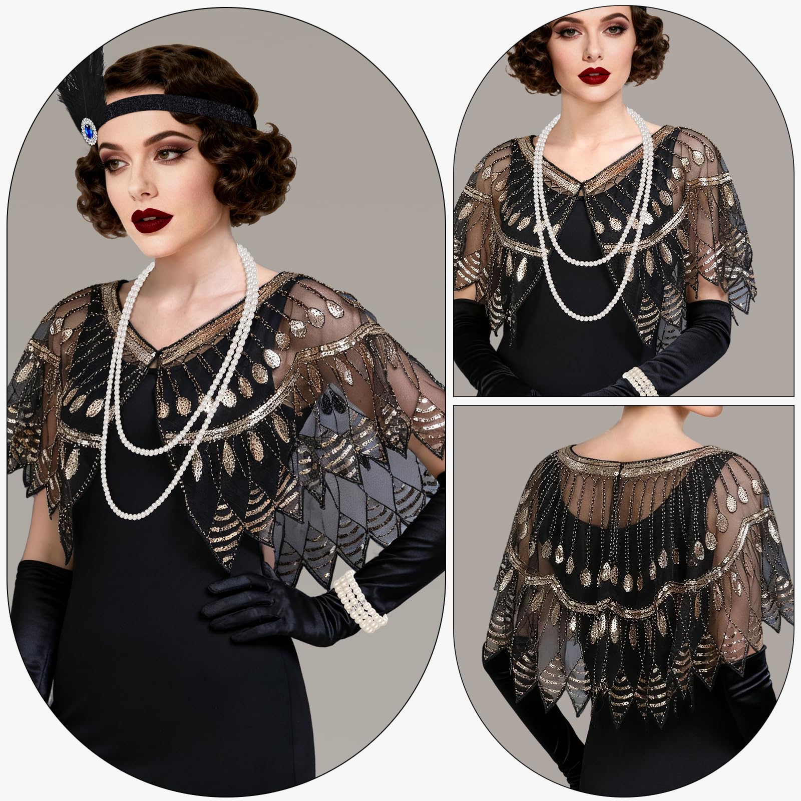 ELECLAND 10 Pieces 1920s Flapper Great Gatsby Accessories Set Fashion Roaring 20's Theme Set including Headband Headpiece Long Black Gloves Necklace Earrings for Women (Black Gold - Image 2