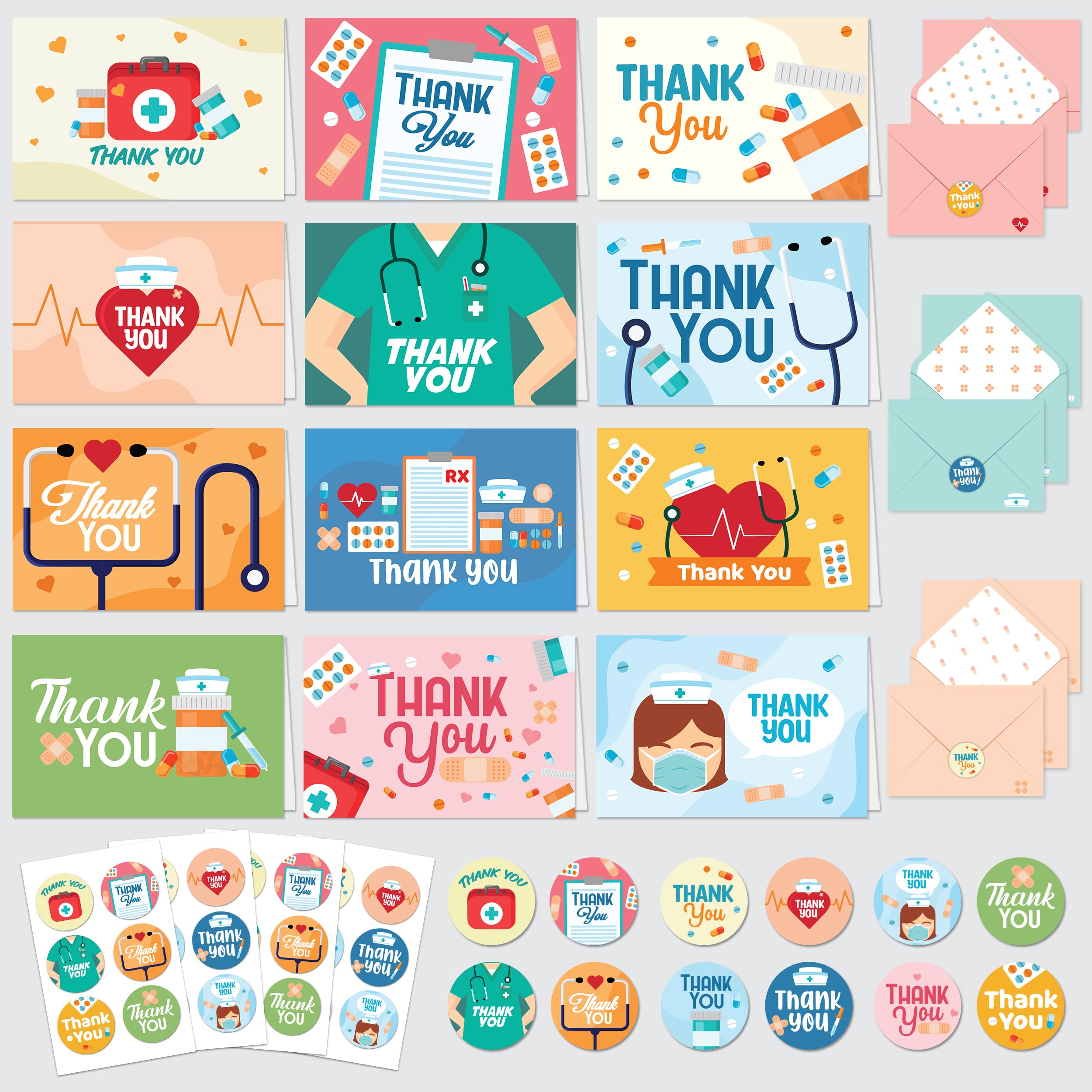 Decorably 24 Pack 6x4in Nurse Thank You Card with Envelopes and Stickers, 12 Charming Designs Nurse Card, Blank Inside