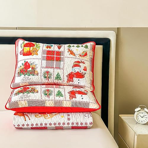 Miniatura 7 de Juego de edredón de Navidad, tamaño Queen, juego de colcha acolchada de retazos, lindo juego de edredón de cama con estampado de árbol de muñeco de