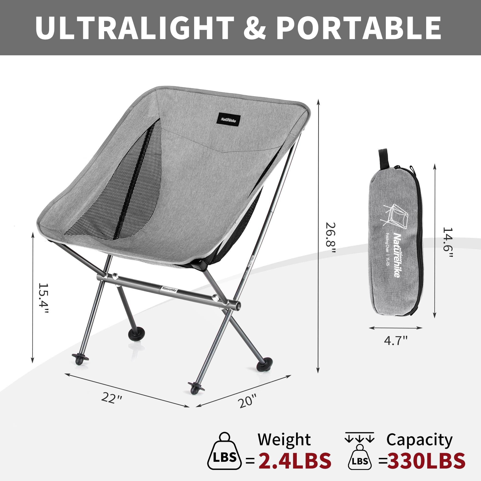 Naturehike La Sedia da Campeggio Portatile può Contenere Fino a 150 kg, è Ultraleggera e Pieghevole e può Essere montata e smontata Rapidamente (Grigio)