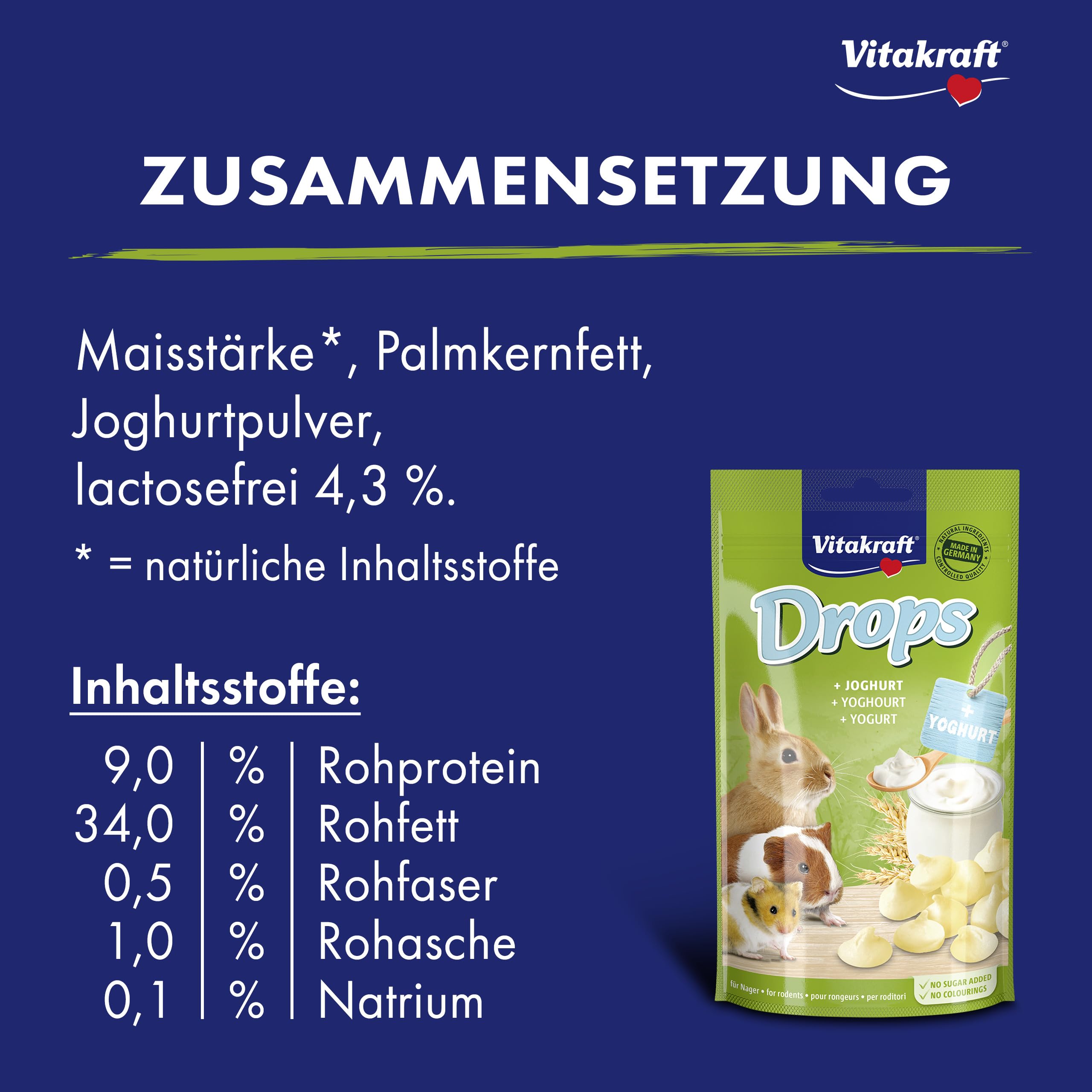 Vitakraft Drops, Leckerlis für Nager, mit Joghurt, Nagersnack, zum Verwöhnen, ohne Zusatz von Zucker (9X 75g)
