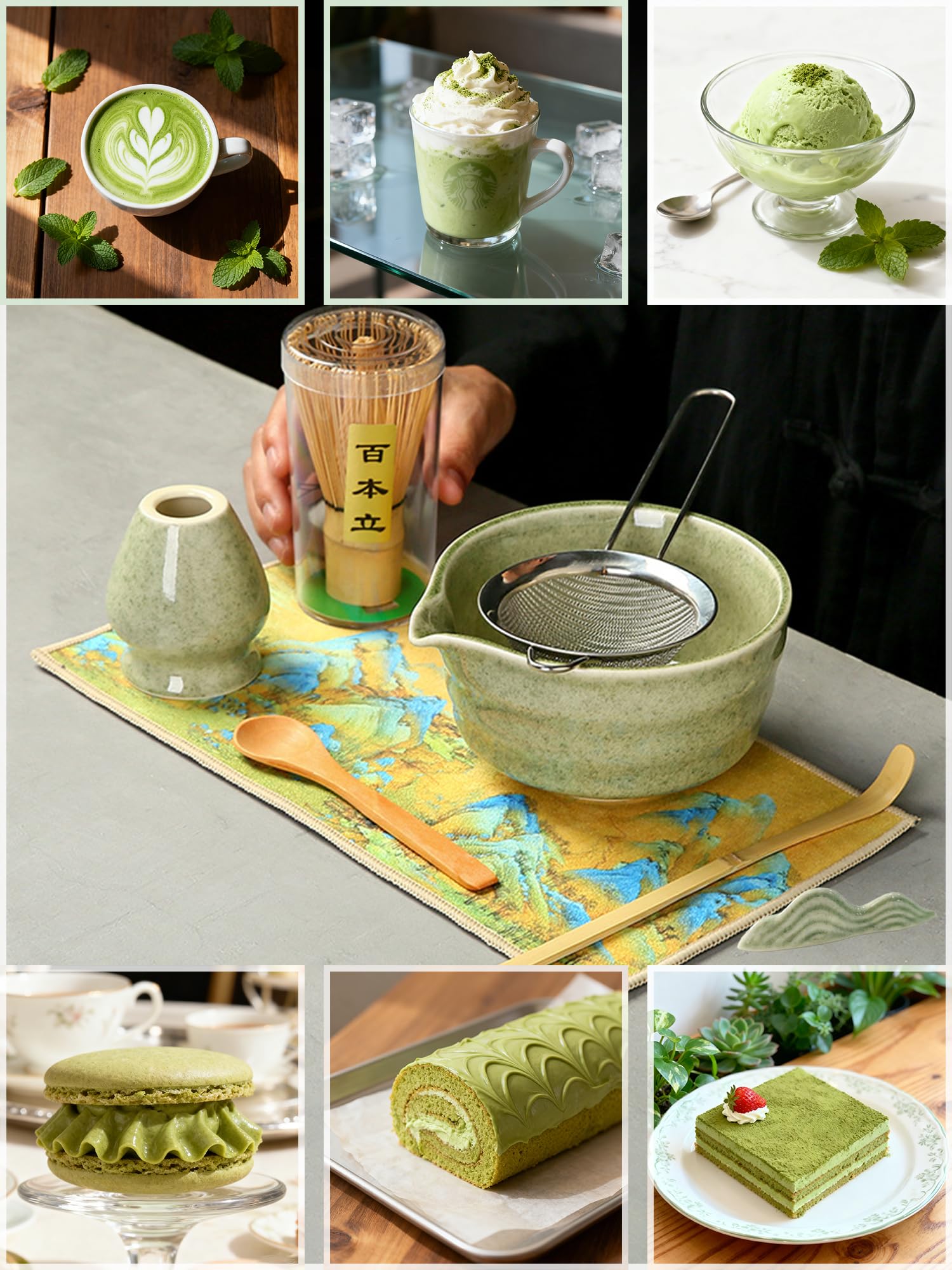 Zestaw do Matchy - 8-Częściowy Zestaw Ceremonialny: Miska z Dzióbkiem do Matcha (500 ml), Chasen, Podstawka na Trzepaczkę, Chashaku, Podstawka na Chashaku, Drewniana Łyżeczka, Chakin, Sitko