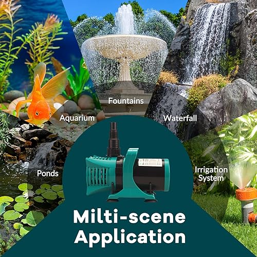 Miniatura 8 de Bomba de estanque para exteriores de 150 W, 3100 GPH, bomba de agua ultra silenciosa con cable de alimentación de 20 pies y adaptadores de múltiples