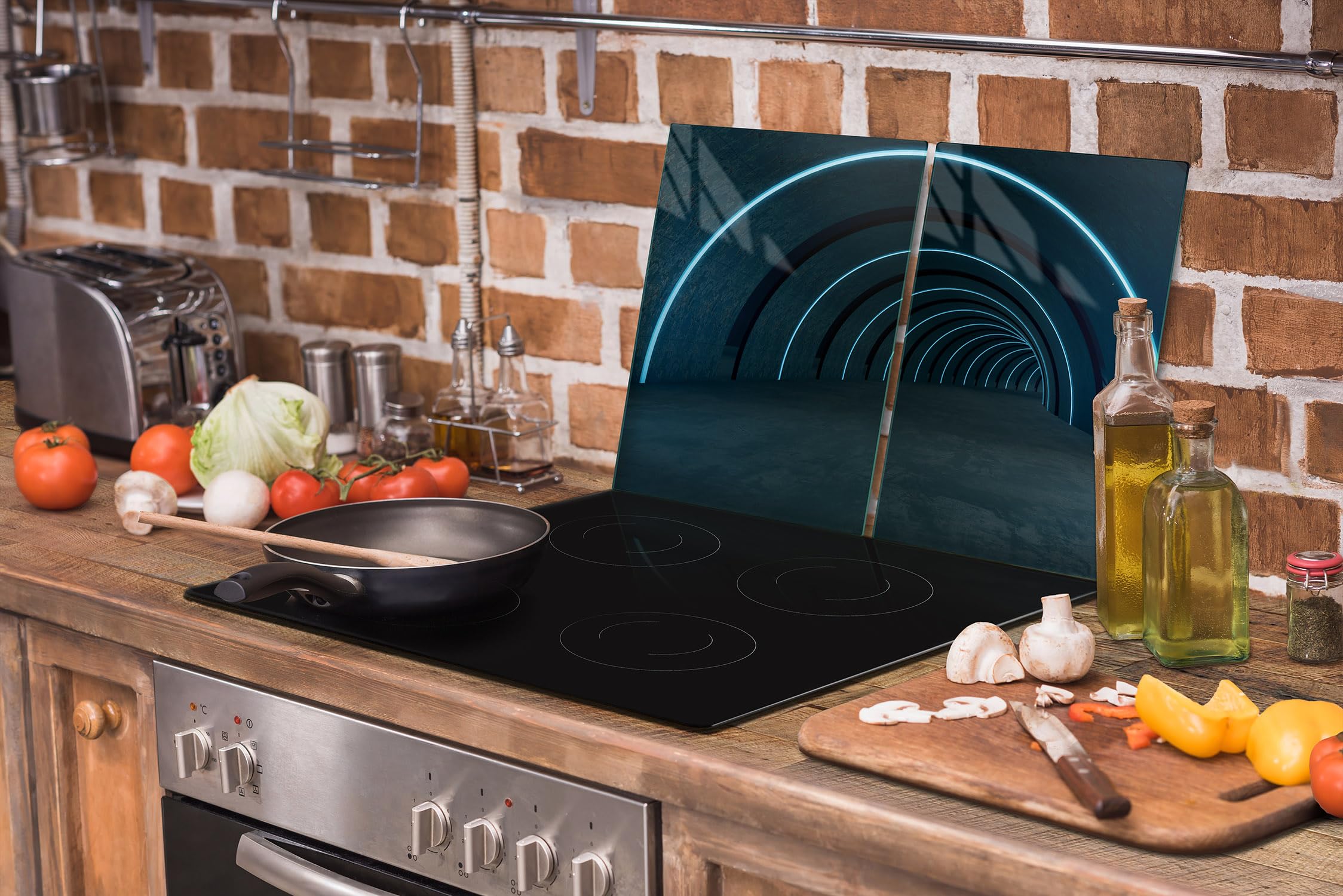 TMK ArtDeko Copri Piano Cottura In Vetro Temperato 75x52 Cm (2 Pezzi) - Protezione Universale Per Induzione E Gas, Tagliere E Sottopentola, Stampa Fiore