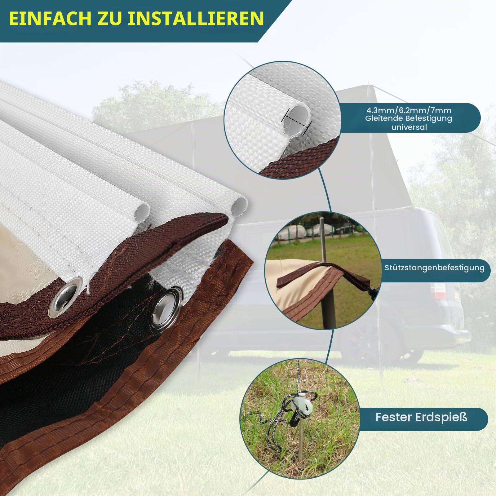 Sonnendach Markise für Wohnwagen Wohnmobil, 2,5m x 4m Auto Markise Vordach mit Abspannleinen, Stützstangen und Heringe, für 4,3/6,2/7 mm Markisenschiene