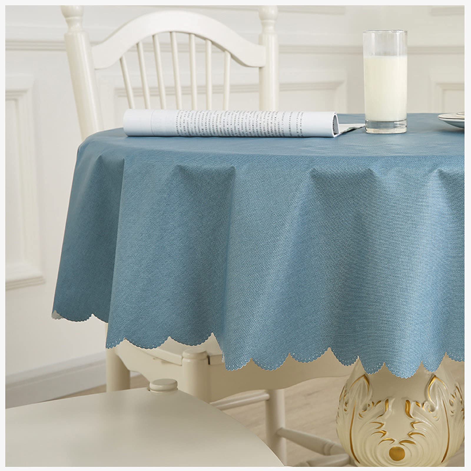 Nappe ronde en PVC bleu imperméable pour table de salle à manger et extérieur