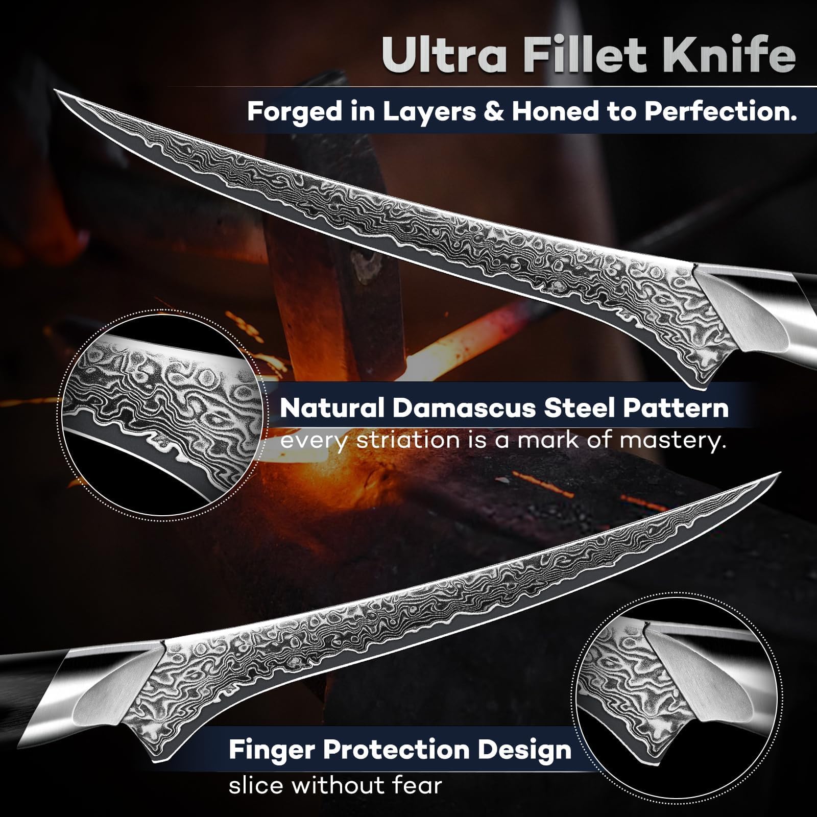 DRAGON RIOT Filetiermesser Fisch - Profi Fischmesser, Scharf Damastmesser mit Ergonomischer Griff, Japanisches Ausbeinmesser mit Flexibler Klinge, Damaststahl Filetiermesser