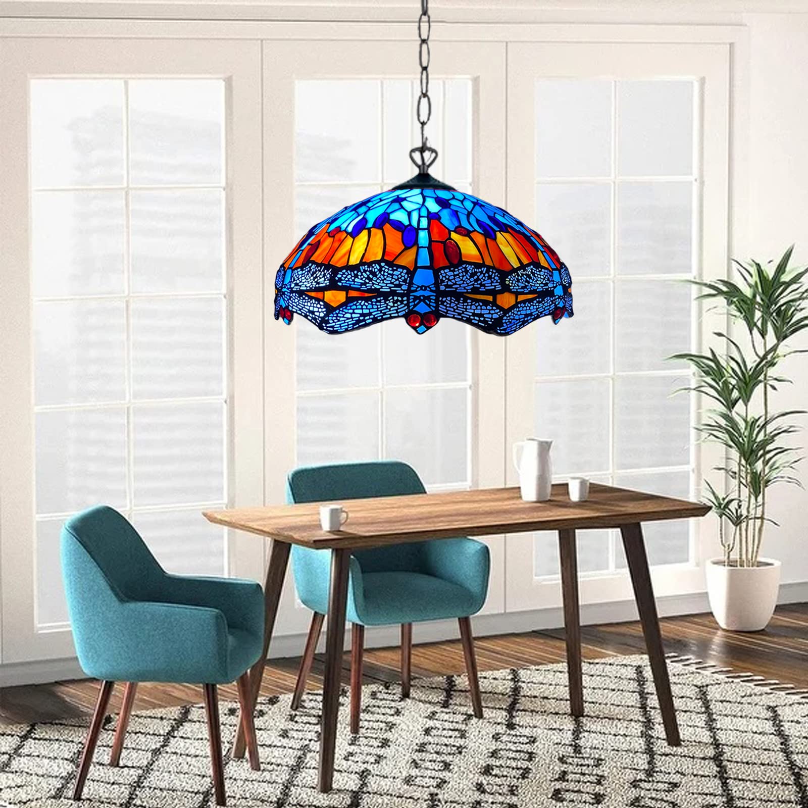 Auroh Multicolor Tiffany Pendant Light 16 Inch Handcrafted Lamp Shade Antique Dragonfly Design Pendant Ceiling Lights For Living Room Decor Home Decor Lounge