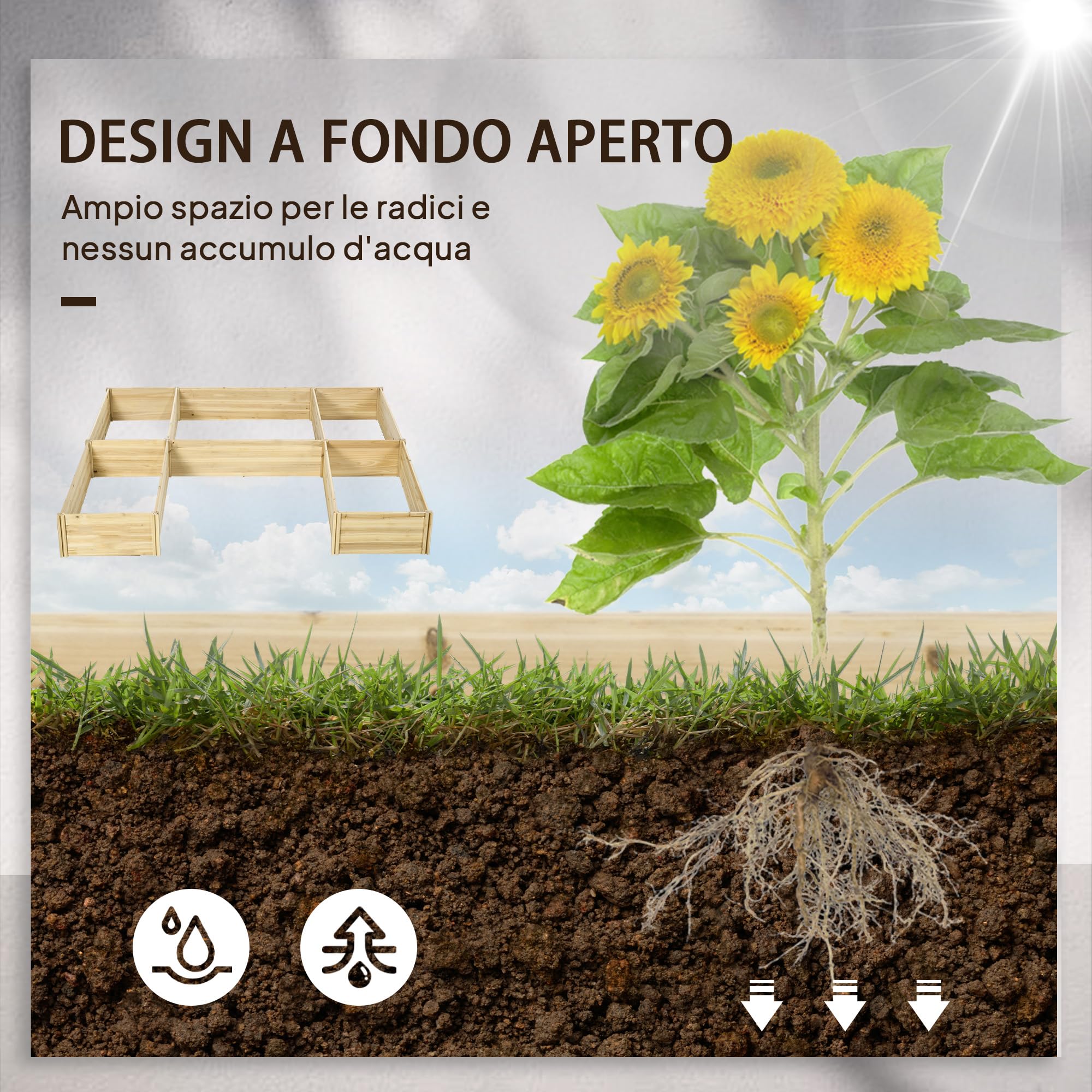 Outsunny Orto Rialzato da Esterno 5 Pezzi Componibili a Fondo Aperto, Orto da Balcone in Legno di Abete per Verdure, Piante e Fiori, 230x230x28 cm, Color Legno