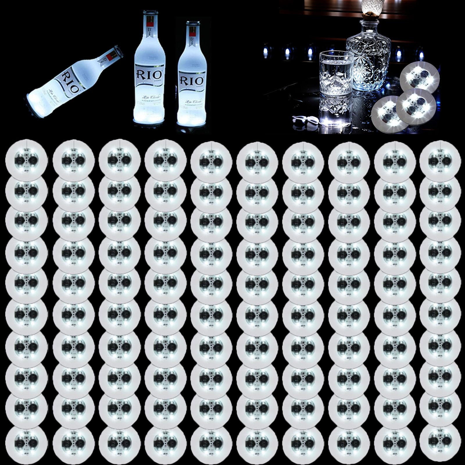 100Pcs LED Coaster, Light Up Coasters for Drinks,Round Flash Cup Mat Sticker Lights for Wine Liquor Bottle, Drinks Party, Bar Party