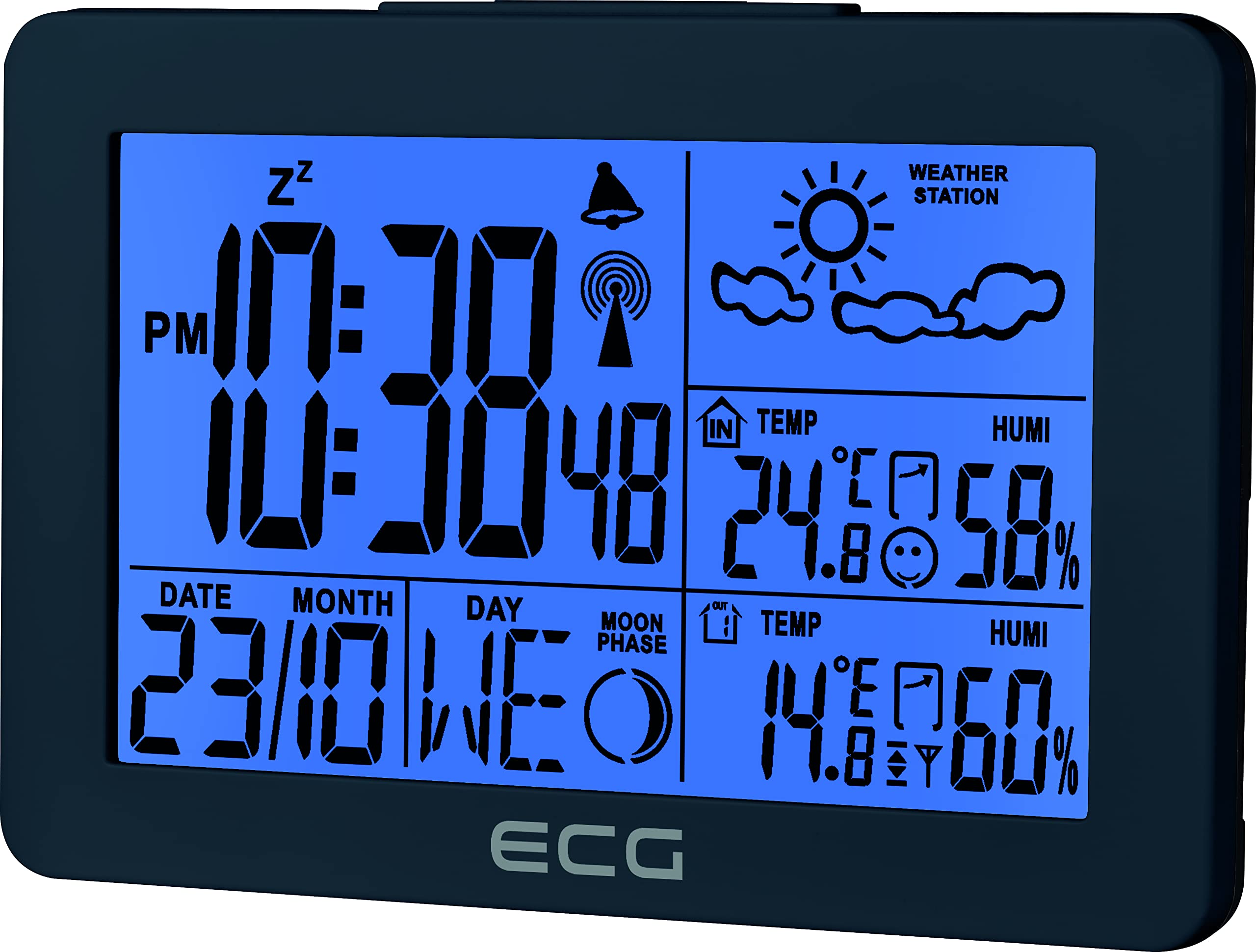 ECG MS 200 Weather Station with Wireless Sensor up to 30 Metres Distance, Thermometer, Hygrometer, Weather Forecast for the Next 24 Hours in 4 Modes, Time, Alarm Clock, Grey