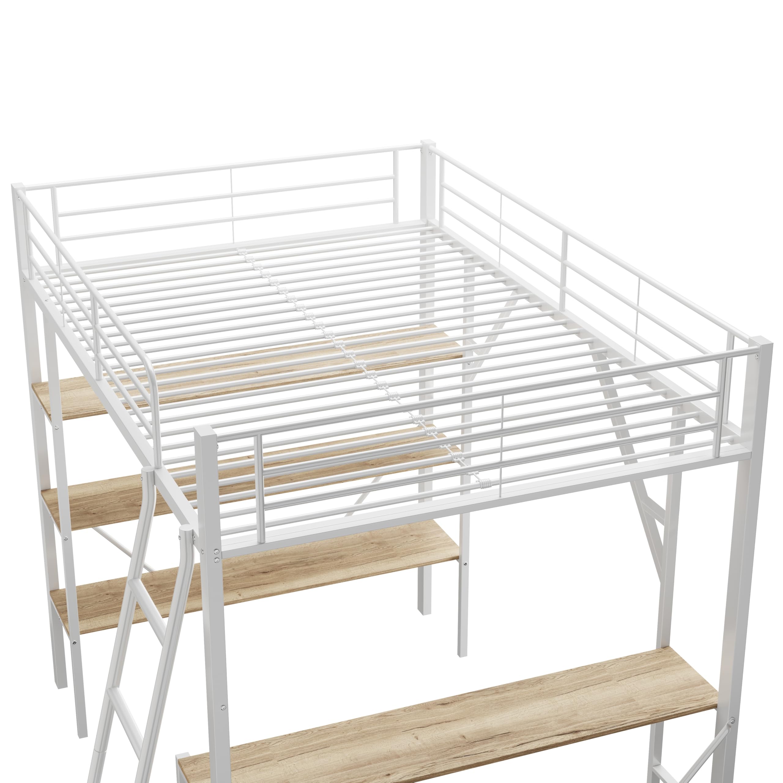 Łóżko na poddaszu 1-osobowe 90 x 200 cm Biała struktura Spanie z dużym biurkiem Półki Do Przechowywania Drabina Podłoże W zestawie Metalowy Bez Materac do Sypialni Nastolatków