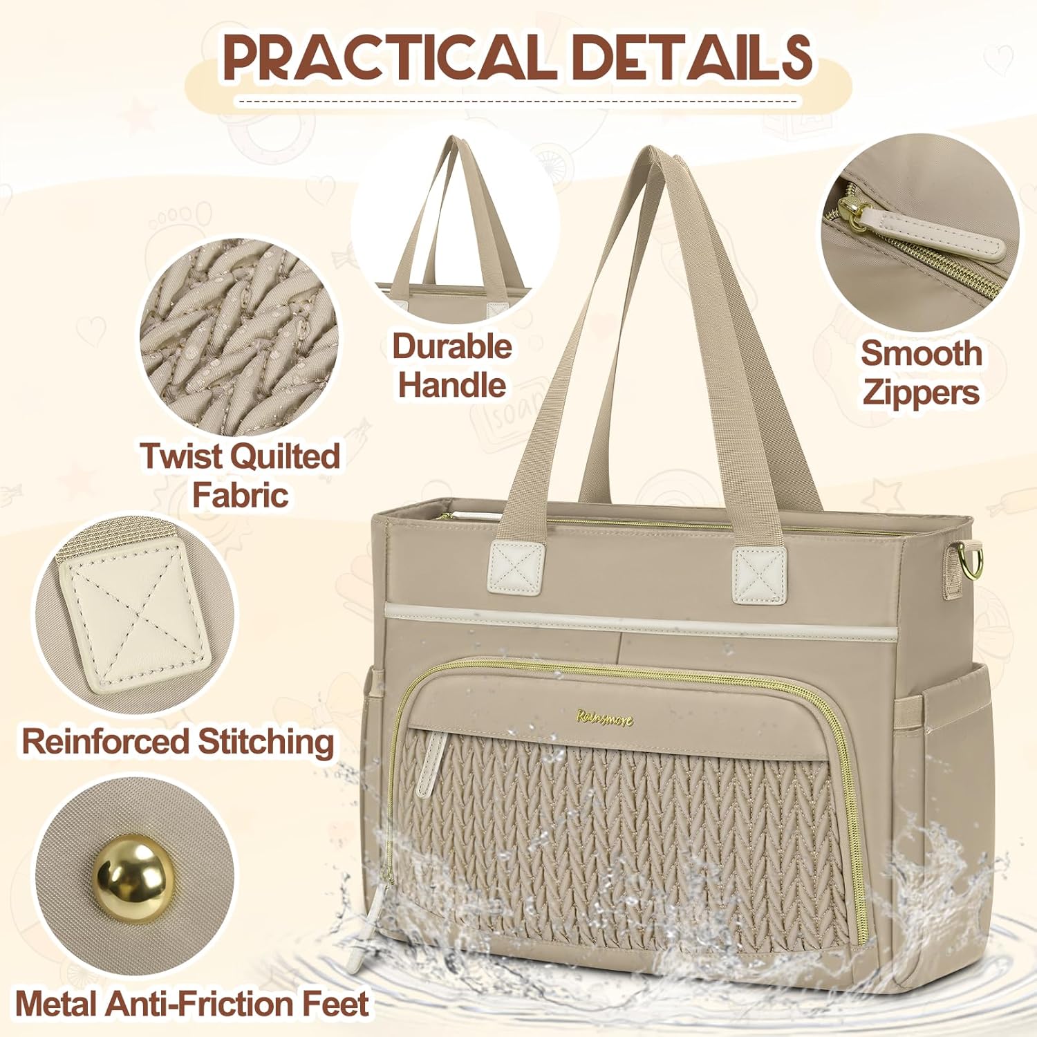 RAINSMORE Diaper Bag Tote, Large Diaper Baby Bag Waterproof Multifunctional Diaper Bag with Pacifier Case & Changing Pad - Image 6