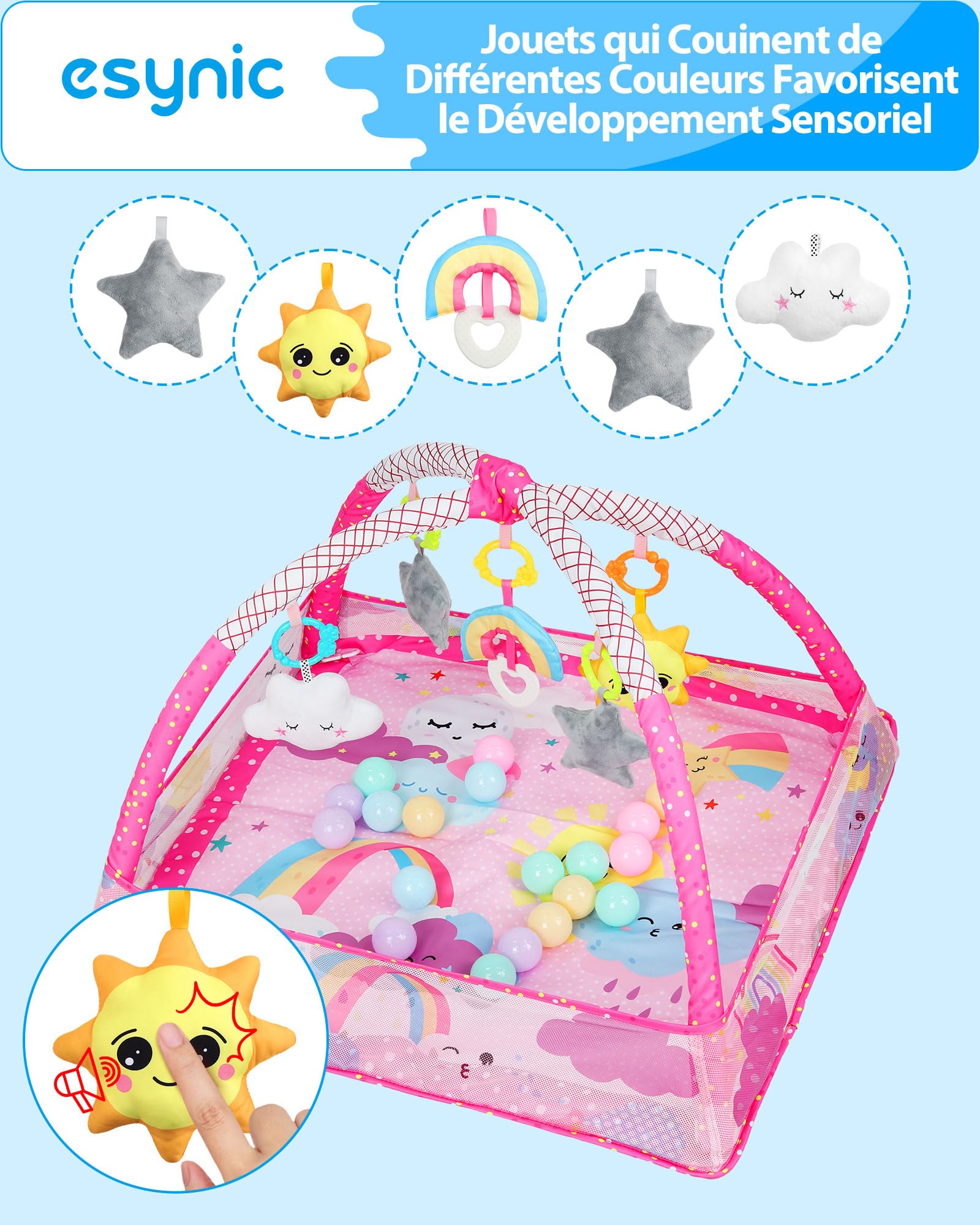 eSynic Tapis d'Éveil Bébé 77x77cm avec Arche Jouet Amovible Âgés 0-18 Mois | Clôture en Maille Respirante, Jouets Suspendus, Balles Océanique, Lavable Facile, Montage Rapide, Développement des Sens Bébé