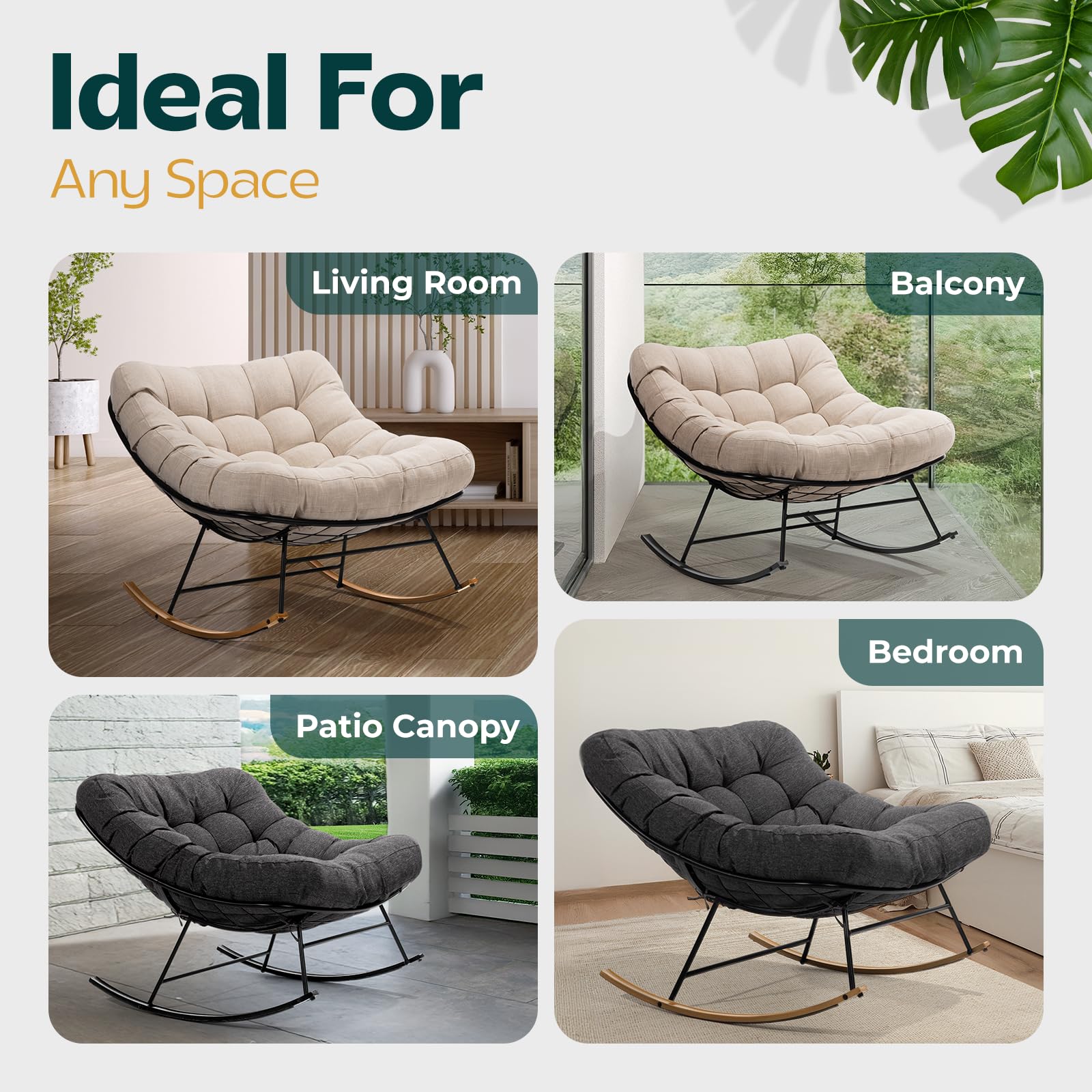 Mecedora de patio para exteriores e interiores, moderna mecedora de metal con cojín grueso de 7 pulgadas, capacidad de 400 libras, diseño ergonómico, fácil montaje, cojín gris, balancín negro mate 5